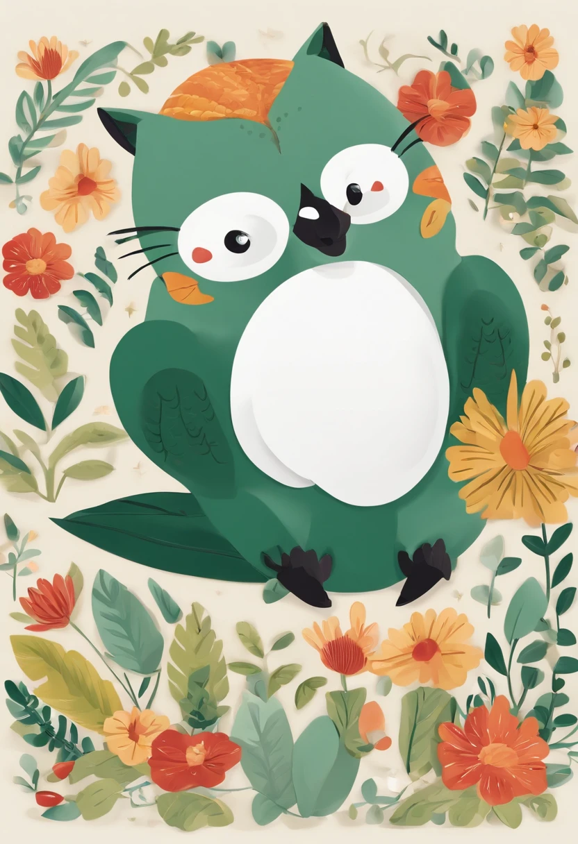 (Cartoon critters),adolable,(Sticker screen),Distributed typesetting,(Sticker style),Flat style,Rich in color,(Small animals)(With white edges),cute illustration,flatillustration,paper cut out,Dark green background,multi-detail,k hd