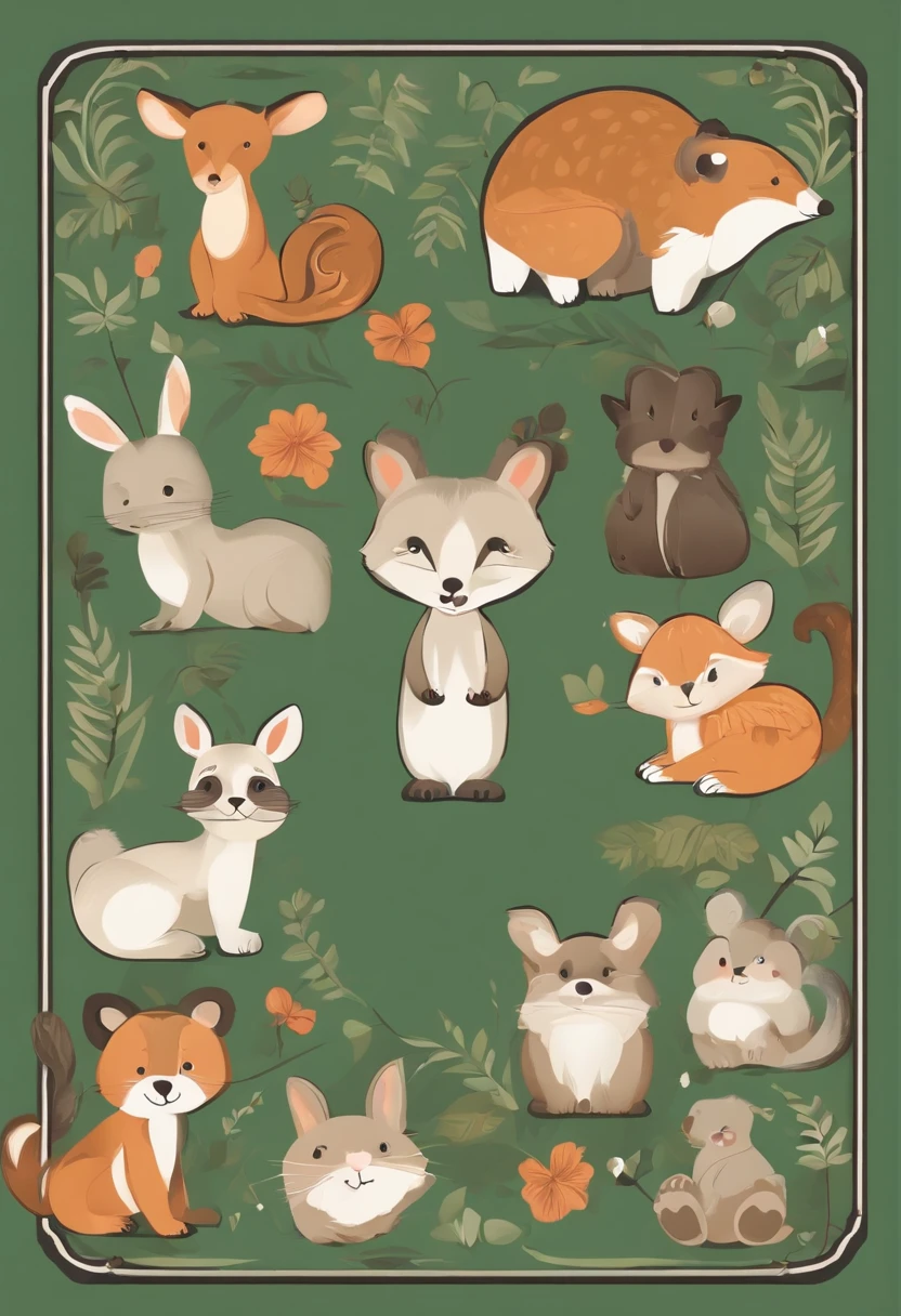 (Cartoon critters),adolable,(Sticker screen),Distributed typesetting,(Sticker style),Flat style,Rich in color,(Small animals)(With white edges),cute illustration,flatillustration,paper cut out,Dark green background,multi-detail,k hd
