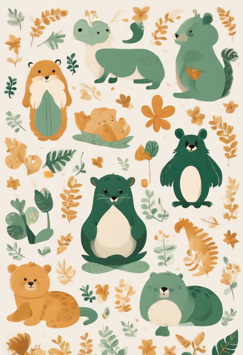 (Cartoon critters),adolable,(Sticker screen),Distributed typesetting,(Sticker style),Flat style,Rich in color,(Small animals)(With white edges),cute illustration,flatillustration,paper cut out,Dark green background,multi-detail,k hd