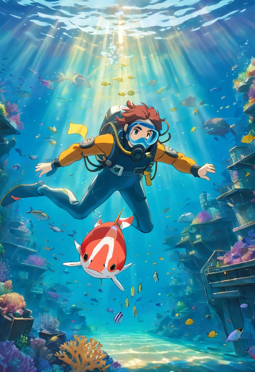 High resolution:1.2,ultra HD,underwater,Amy Rose,scuba diving,shipwreck,crystal-clear underwater,coral reef,fish swimming,sunlight rays,deep sea exploration,adventure,unexplored,diving gear,diving mask,fin-like limbs,wetsuit,underwater world,marine life,diver,depth and shallowness,underwater photography,vibrant colors,distant location,adrenaline sport,wreck diving,rich biodiversity,vivid and colorful,detailed texture,water reflection,sunlight penetrating through water,journey of exploration,depth perception,thrilling experience