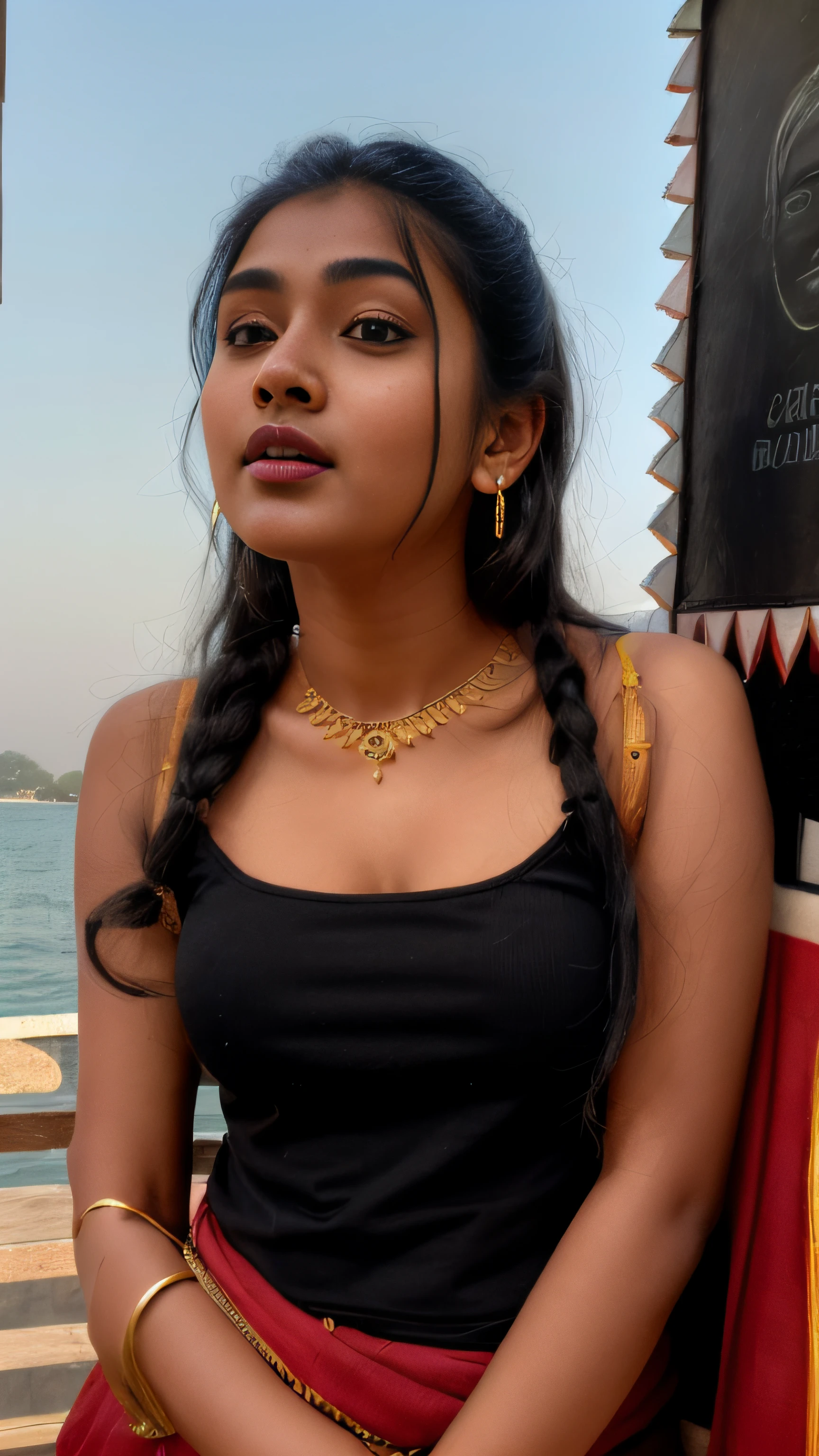 (A hyper-realistic), (illustratio), (hight resolution), (8K), (ighly detailed), (The best illustrations), (Beautiful detailed eyes), (top-quality), (ultra-detailliert), (masterpiece), (wall-paper), (indian female model), (beautiful smiling face)、(beautiful countenance)、(A dark-haired)、black long haired、Black eyes、Earrings with bangs、(((Cute indian Beautiful Girl)))、 ((20 year old indian beautiful girl wearing a cute black top and dark red natural big lips ))、 (((Colossal tits!!!!)))、Equal to the size of the body、Standing outdoors、((huge-breasted))、 (((Glamorous body)))、gravure model、Seduction poses、(R-18),