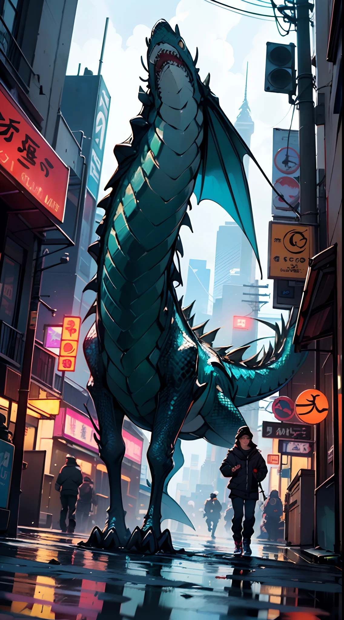 sea dragon, sea monster, leviathan, crystal Chinese dragon,((shark headed dragon)),

wild sea dragon,angry,

((no human)),1 Animal, protective wild, Tall, Mysterious,wild,

the target is the sea dragon,

(dynamic pose:1.0),solo focus,(centered,scale to fit dimensions,Rule of thirds),

cyberpunk city by the ocean at night, with bright neon signs and dark stormy clouds and puddles, scenery:1.25,

artistic photography,(photography taken by sldr),highres, sharp focus, (ultra detailed, extremely detailed), (photorealistic artwork:1.37),(extremely detailed CG unity 8k wallpaper),((synthwave background theme)),(((vibrant colors))),(intricate background),(masterpiece),(best quality),