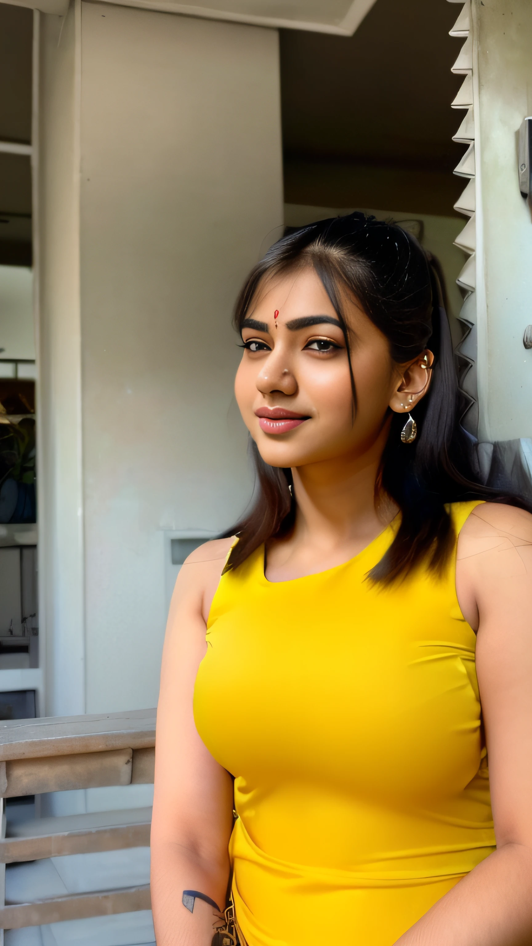 (A hyper-realistic), (illustratio), (hight resolution), (8K), (ighly detailed), (The best illustrations), (Beautiful detailed eyes), (top-quality), (ultra-detailliert), (masterpiece), (wall-paper), (indian female model)、(beautiful countenance)、(A dark-haired)、black long haired、Black eyes、Earrings with bangs、(((Cute indian Beautiful Girl)))、 ((20 year old indian beautiful girl in yellow skin fit dress)、Standing outdoors、 (((Glamorous body)))、gravure model、Seduction poses、(R-18), Looking at the camera