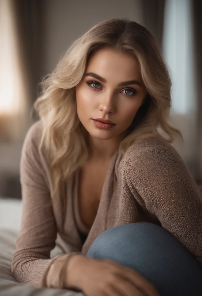 Arafed Full Woman, Sexy Girl with Blue Eyes, , Ultra Realistic, Meticulously Detailed, Portrait of Sophie Mudd, Blonde Hair and Big Eyes, Selfie of a Young Woman, Bedroom Eyes, Violet Myers, No Makeup, Natural Makeup, Looking Directly at the Camera, face artgram, subtle make-up, Impressive photo of the whole body kneeling on the bed, In the bedroom, Medium and large size chest, allowing the face to be seen clearly, portrait