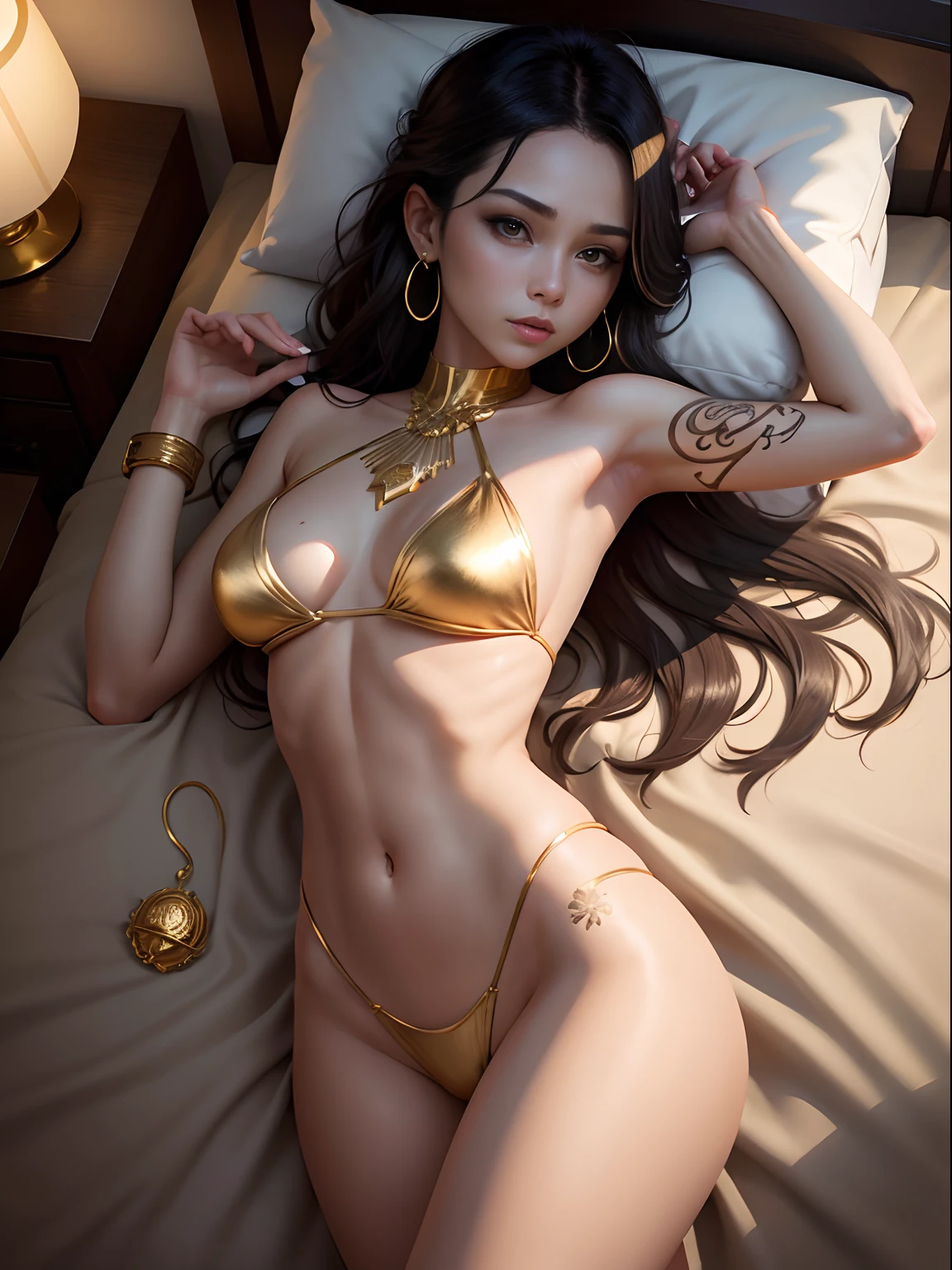 Gold tattoo with girl with golden earrings, In the style of vray tracing, Martin Ansin, yuumei, Poured, close up, Dark white and gold, speedpainting, masutepiece, Best Quality,Skinny Legs,Gold Dress,In the hotel bedroom,sleep,Happy,Fully exposed chest,Upper body naked,The bikini,Opening legs,