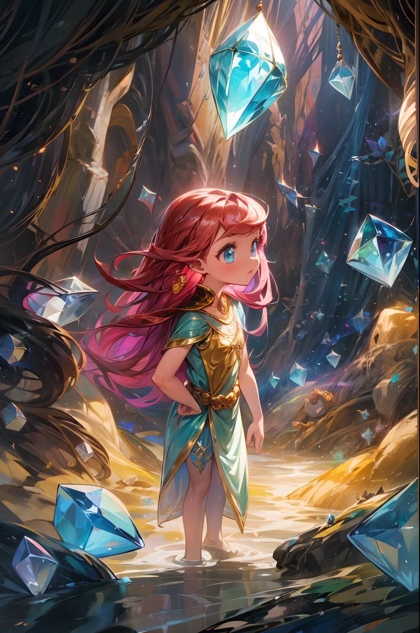 "In the heart of the Cave of Wonders, a girl with flowing hair explores the breathtaking underground grotto. She is surrounded by enormous, glistening gemstones, their vivid colors casting a magical allure. The play of light and shadows adds depth and mystery to the scene.