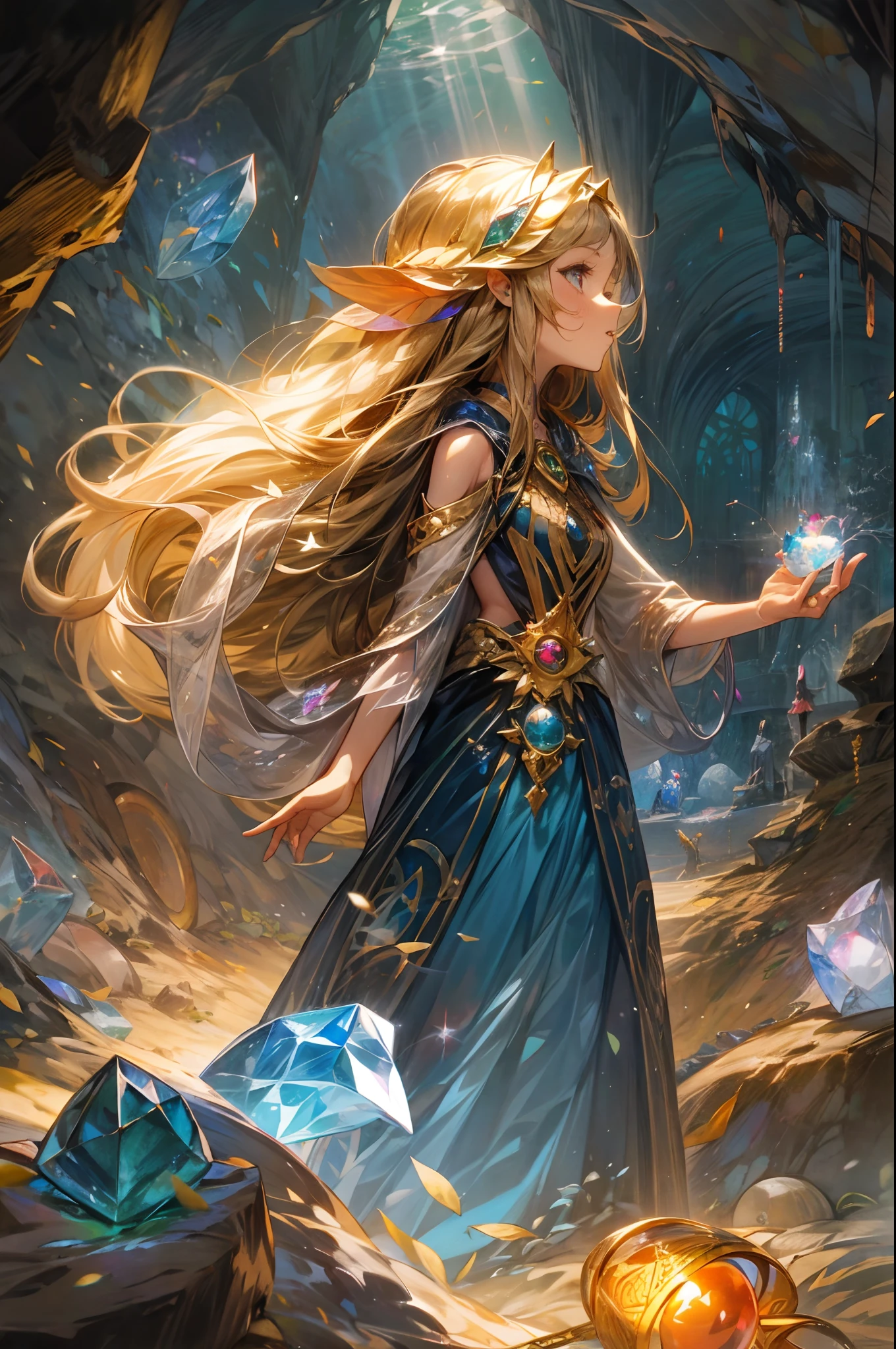 "In the heart of the Cave of Wonders, a girl with flowing hair explores the breathtaking underground grotto. She is surrounded by enormous, glistening gemstones, their vivid colors casting a magical allure. The play of light and shadows adds depth and mystery to the scene.