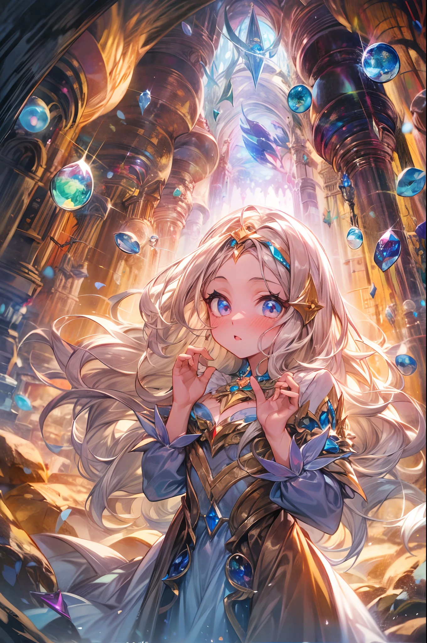 "In the heart of the Cave of Wonders, a girl with flowing hair explores the breathtaking underground grotto. She is surrounded by enormous, glistening gemstones, their vivid colors casting a magical allure. The play of light and shadows adds depth and mystery to the scene.