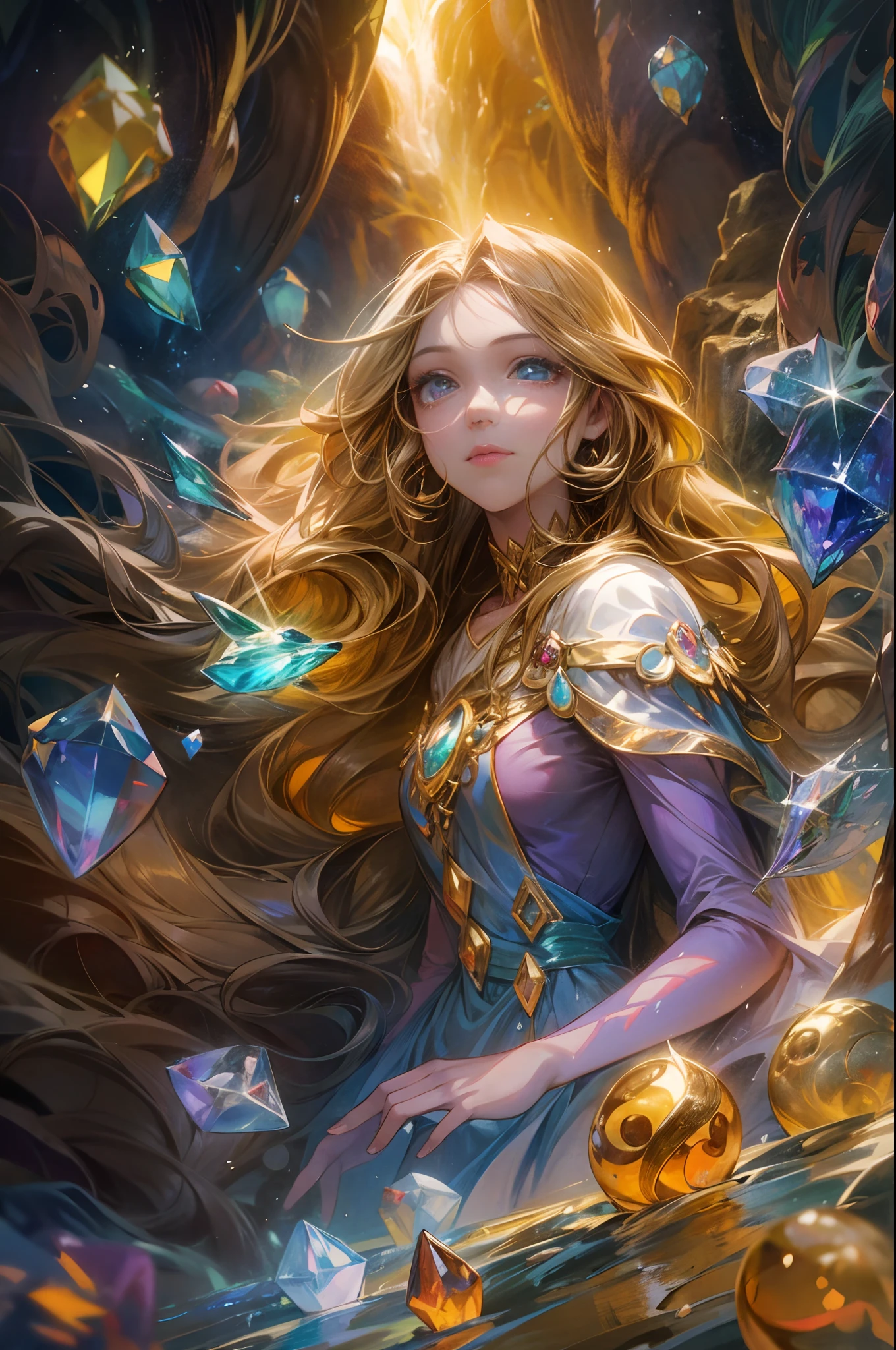 "In the heart of the Cave of Wonders, a girl with flowing hair explores the breathtaking underground grotto. She is surrounded by enormous, glistening gemstones, their vivid colors casting a magical allure. The play of light and shadows adds depth and mystery to the scene.