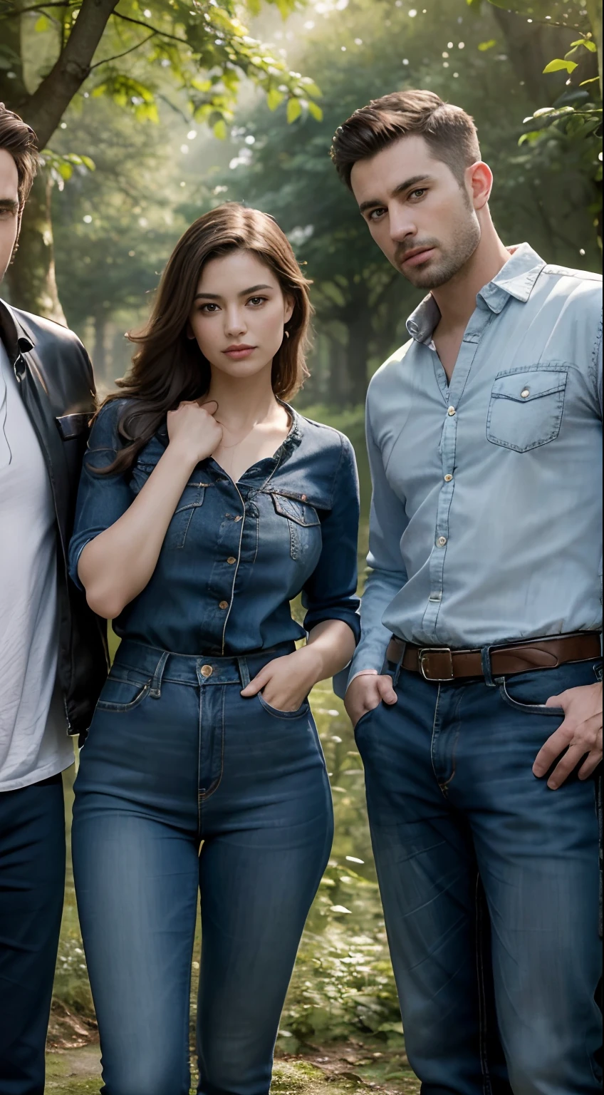 (best quality,4k,8k,highres,masterpiece:1.2),ultra-detailed,(realistic,photorealistic,photo-realistic:1.37),three men wearing jeans jackets stand under a tree. The sunlight shines through the leaves, casting beautiful light and shadow patterns on their faces. The texture of their denim jackets is clearly visible, with every stitch and detail rendered in sharp focus. The portrait captures the maturity and character in their faces, highlighting the lines and contours. The scene is surrounded by lush greenery, with vibrant and vivid colors that bring the image to life. [HDR] enhances the dynamic range and depth of the colors, creating a visually stunning effect.