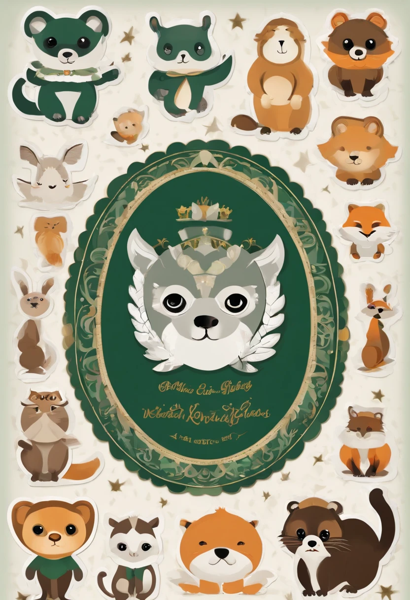 (Cartoon critters),adolable,(Sticker screen),Distributed typesetting,(Sticker style),Flat style,Rich in color,(Small animals)(With white edges),cute illustration,flatillustration,paper cut out,Dark green background,multi-detail,k hd