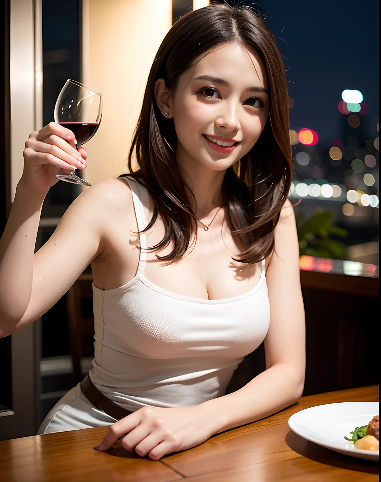 (64K, UHD, top quality, masterpiece: 1.2), (realistic, photorealistic: 1.37), super detailed, pretty woman 1 person, (slim face), (slim body), (brown hair), (short cut), cheeks slightly blushing, (44 years old), 38 years old, solo, beautiful detailed urban night view outside the window, restaurant, wine glasses sit, at night, in a prominent placeNovaFrogStyle, Actress, Model, Waist Up, White Wine, Slim, Wine Glass, Super Clean Night View, Wine Glass Put in the Middle, Happy Smile, (Smile: 1.15), Beautiful Fine Eyes, Upper Body, Bust Japan Up, Night, Short, Short, Actress, Model, Waist Up, White Wine, Slim, Wine Glass, Super Clean Night View, Wine Glass Put in the Middle, Happy Smile,