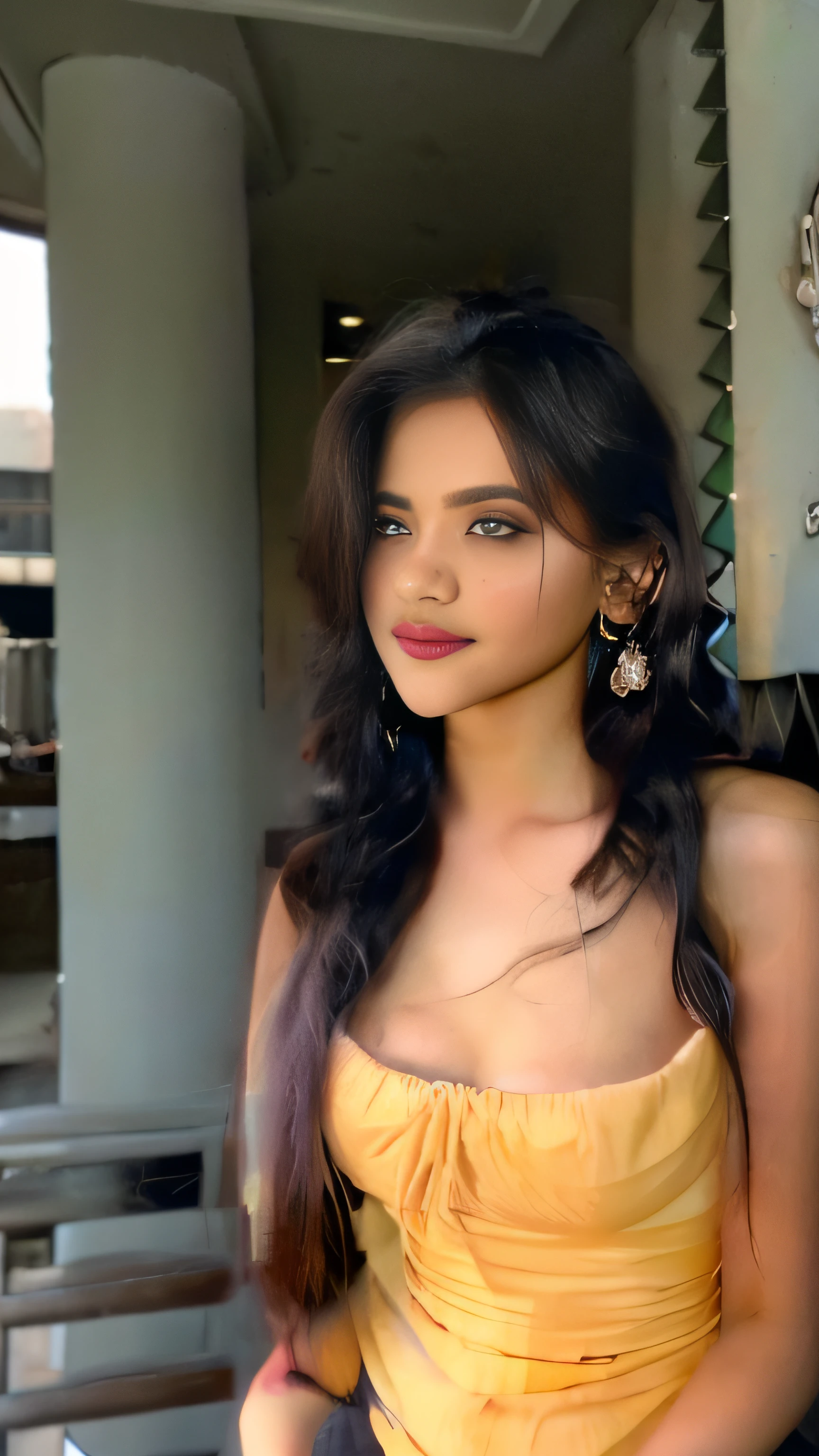 (A hyper-realistic), (illustratio), (hight resolution), (8K), (ighly detailed), (The best illustrations), (Beautiful detailed eyes), (top-quality), (ultra-detailliert), (​masterpiece), (wall-paper), (indian female model)、(beautiful countenance)、(A dark-haired)、black long haired、Black eyes、Earrings with bangs、(((Cute indian Beautiful Girl)))、 ((20 year old indian beautiful girl in yellow skin fit dress), (((Colossal tits!!!!)))、Equal to the size of the body、Standing outdoors、 (((Glamorous body)))、gravure model、Seduction poses、(R-18), Looking at the camera