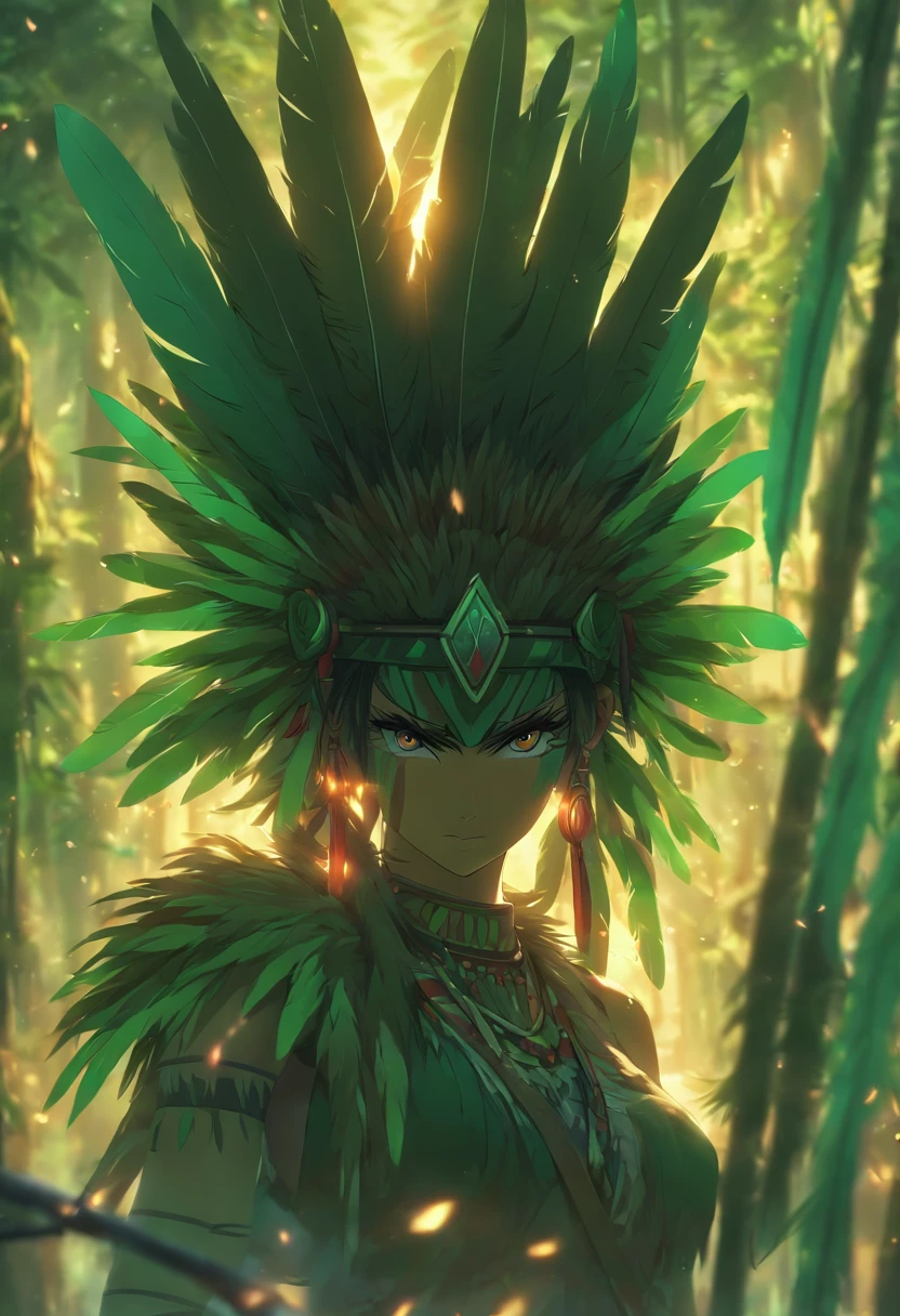 ((( green feathers))) best quality, very high resolution, detailed CG in 4K, masterpiece, Ceuci, Indigenous woman, green feathers, amazon brazil, rivers, indigenous, indigenous tribes, indigenous city, forest, aesthetics, beautiful image , centered on screen, full body