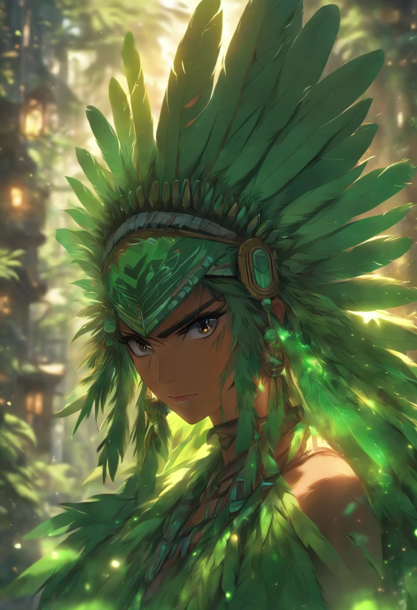 ((( green feathers))) best quality, very high resolution, detailed CG in 4K, masterpiece, Ceuci, Indigenous woman, green feathers, amazon brazil, rivers, indigenous, indigenous tribes, indigenous city, forest, aesthetics, beautiful image , centered on screen, full body