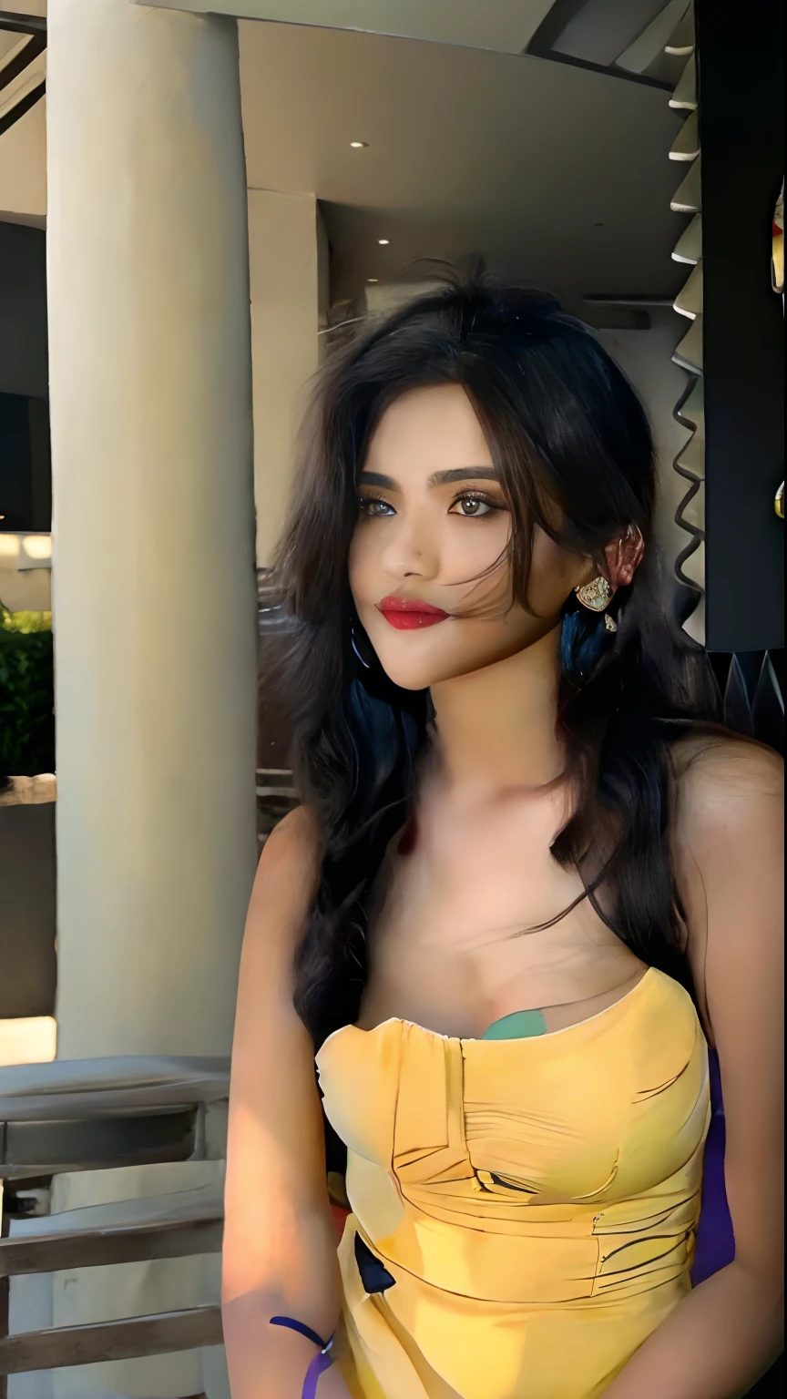 (A hyper-realistic), (illustratio), (hight resolution), (8K), (ighly detailed), (The best illustrations), (Beautiful detailed eyes), (top-quality), (ultra-detailliert), (masterpiece), (wall-paper), (indian female model)、(beautiful countenance)、(A dark-haired)、black long haired、Black eyes、Earrings with bangs、(((Cute indian Beautiful Girl)))、 ((20 year old indian beautiful girl in yellow skin fit dress), (((Colossal tits!!!!)))、Equal to the size of the body、Standing outdoors、 (((Glamorous body)))、gravure model、Seduction poses、(R-18), Looking at the camera