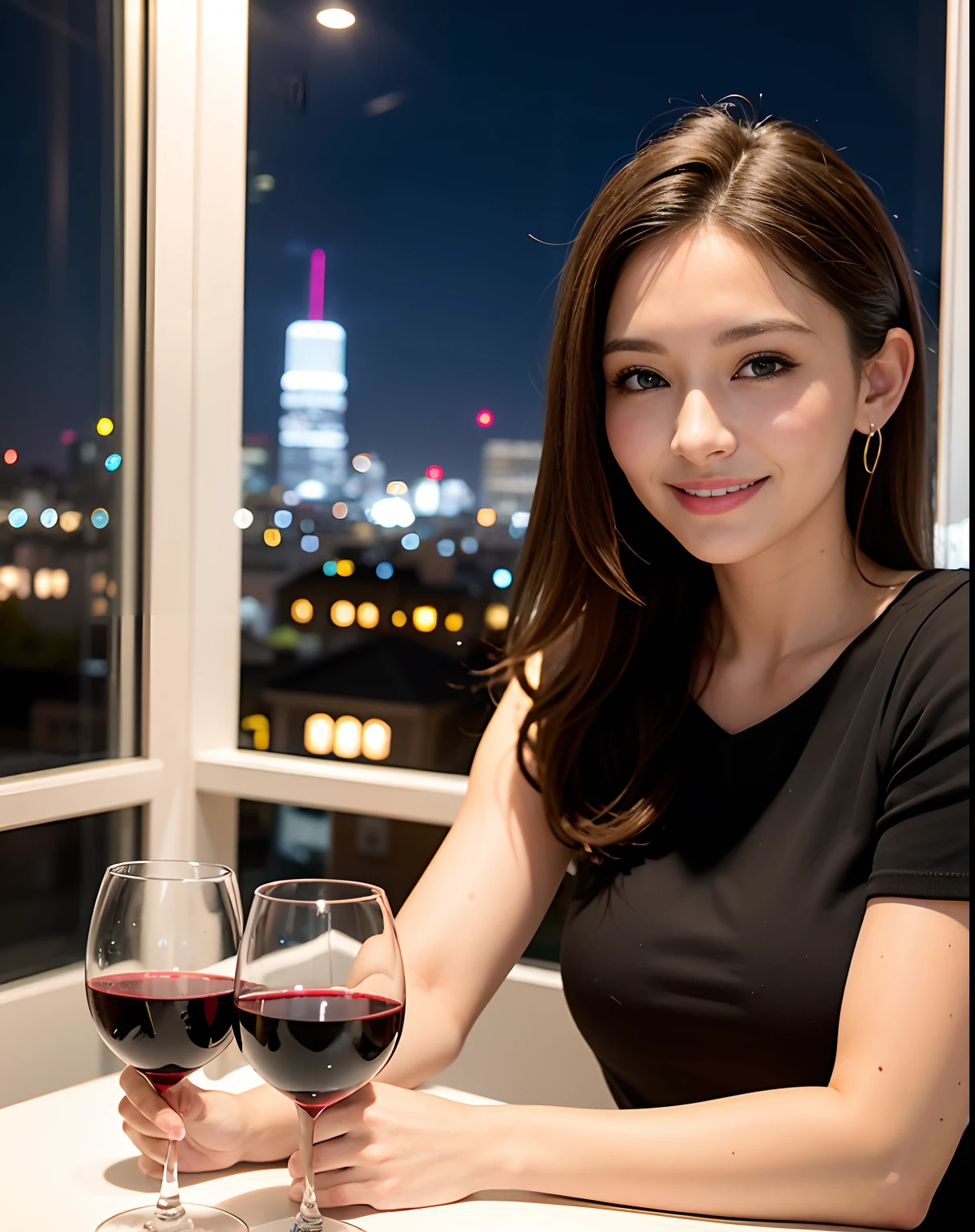 (64K, UHD, top quality, masterpiece: 1.2), (realistic, photorealistic: 1.37), super detailed, pretty woman 1 person, (slim face), (slim body), (brown hair), (short cut), cheeks slightly blushing, (44 years old), 38 years old, solo, beautiful detailed urban night view outside the window, restaurant, wine glasses sit, at night, in a prominent placeNovaFrogStyle, Actress, Model, Waist Up, White Wine, Slim, Wine Glass, Super Clean Night View, Wine Glass Put in the Middle, Happy Smile, (Smile: 1.15), Beautiful Fine Eyes, Upper Body, Bust Japan Up, Night, Short, Short, Actress, Model, Waist Up, White Wine, Slim, Wine Glass, Super Clean Night View, Wine Glass Put in the Middle, Happy Smile,