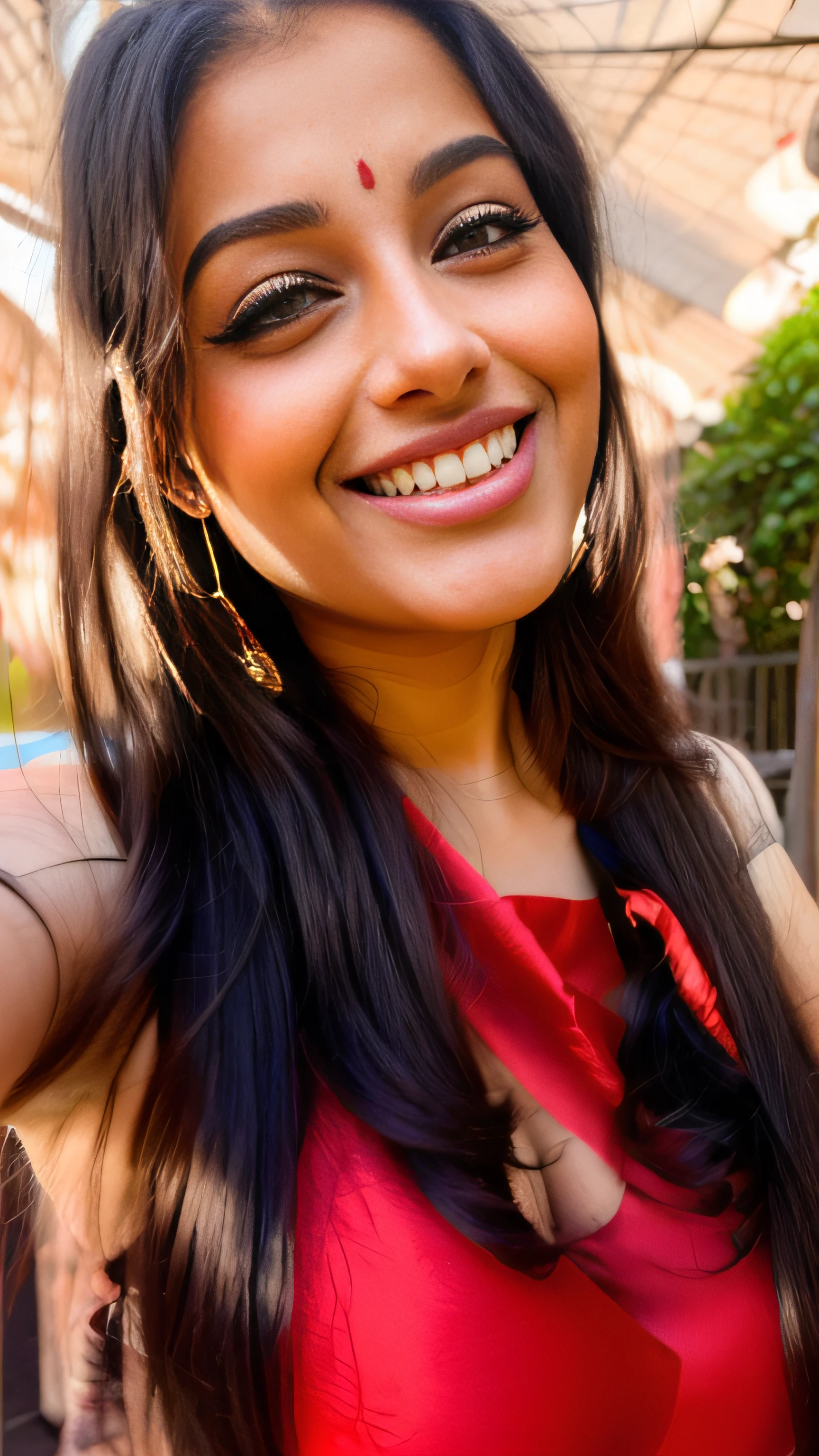 (A hyper-realistic), (illustratio), (hight resolution), (8K), (ighly detailed), (The best illustrations), (Beautiful detailed eyes), (top-quality), (ultra-detailliert), (masterpiece), (wall-paper), (indian female model), (beautiful smiling face)、(beautiful countenance)、(A dark-haired)、black long haired、Black eyes、Earrings with bangs、(((Cute indian Beautiful Girl)))、 ((20 year old indian beautiful girl in black-red dress), (((Colossal tits!!!!)))、Equal to the size of the body、Standing outdoors、((medium-breasted))、 (((Glamorous body)))、gravure model、Seduction poses、(R-18), Looking at the camera