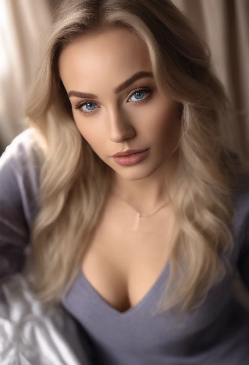 arafed woman fully , sexy girl with blue eyes, ultra realistic, meticulously detailed, portrait sophie mudd, blonde hair and large eyes, selfie of a young woman, bedroom eyes, violet myers, without makeup, natural makeup, looking directly at the camera, face with artgram, subtle makeup, stunning full body shot kneeling on bed, in bedroom, medium to large size bust