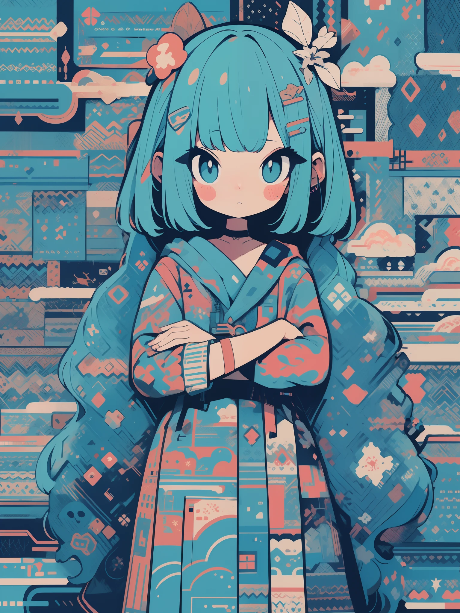 In Sticker style、Geometric pattern background