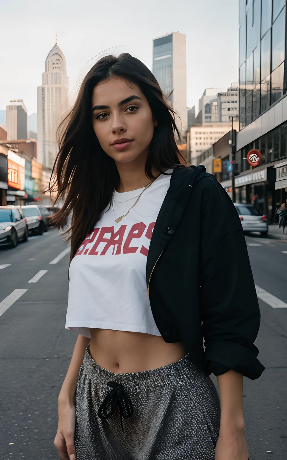 photorealistic, best quality, hyper detailed, beautiful woman, full body, solo, analog style, looking at viewer, skin texture, film grain, close up, ultra high res, best shadow, RAW, instagram LUT, city, baggy clothes