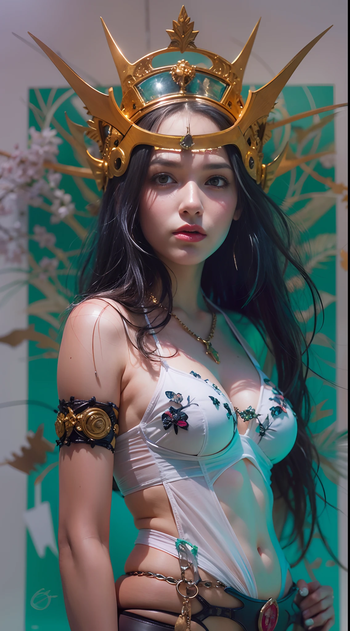 Portrait of cute gothic maiden girl with crown of thorns in cybernetic bikini armor, martelo de guerra, Cyberpunk, Directed by: Atey Ghailan, Directed by: Greg Rutkowski, Por Greg Tocchini, Por James Gilleard, Por Joe Fenton, por kaethe butcher, dynamic lighting, gradiente azul claro, marrom, Creme loiro e cor branca no esquema, grunge aesthetic