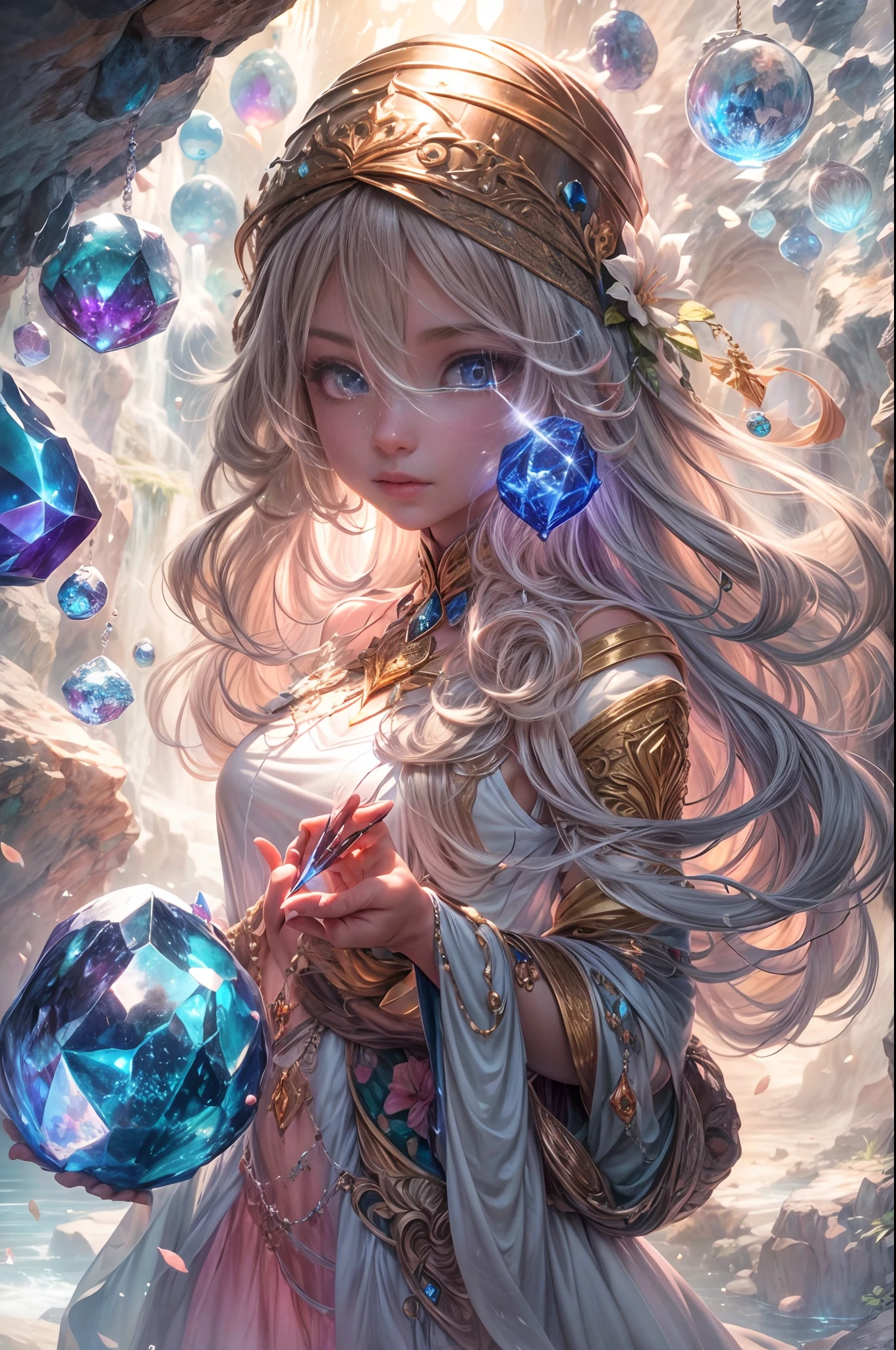 "In the heart of the Cave of Wonders, a girl with flowing hair explores the breathtaking underground grotto. She is surrounded by enormous, glistening gemstones, their vivid colors casting a magical allure. The play of light and shadows adds depth and mystery to the scene.