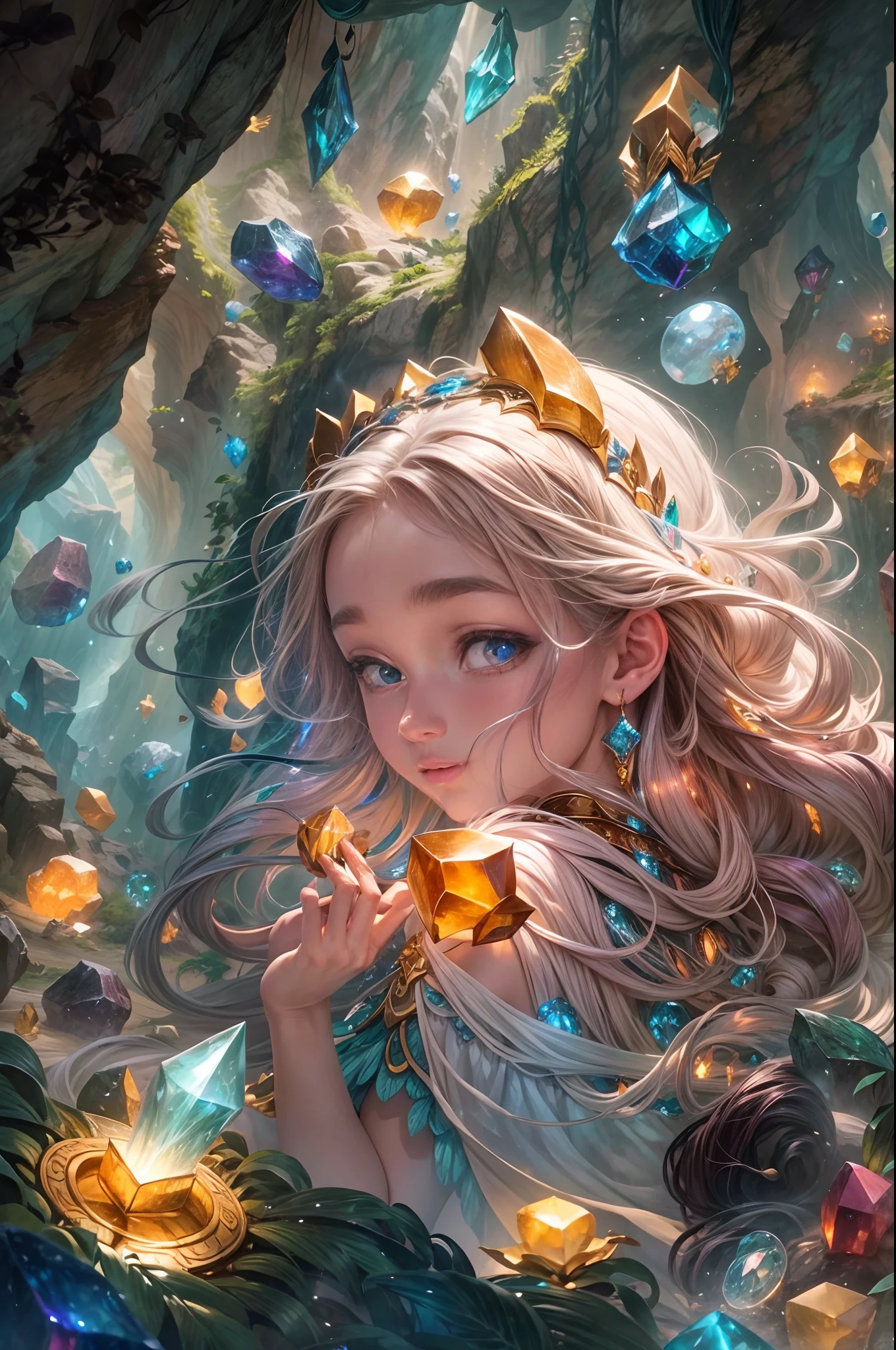 "In the heart of the Cave of Wonders, a girl with flowing hair explores the breathtaking underground grotto. She is surrounded by enormous, glistening gemstones, their vivid colors casting a magical allure. The play of light and shadows adds depth and mystery to the scene.