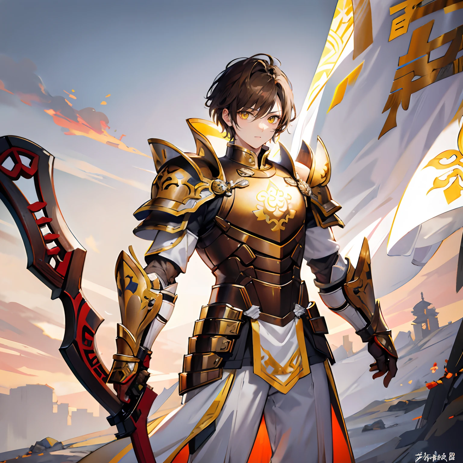Brown hair,short detailed hair,male people,Libido boy,Yellow eyes,white clothes,armor,armour,Cold weapon in hand,All body,Standing on the ground,Background Chinese ancient architecture