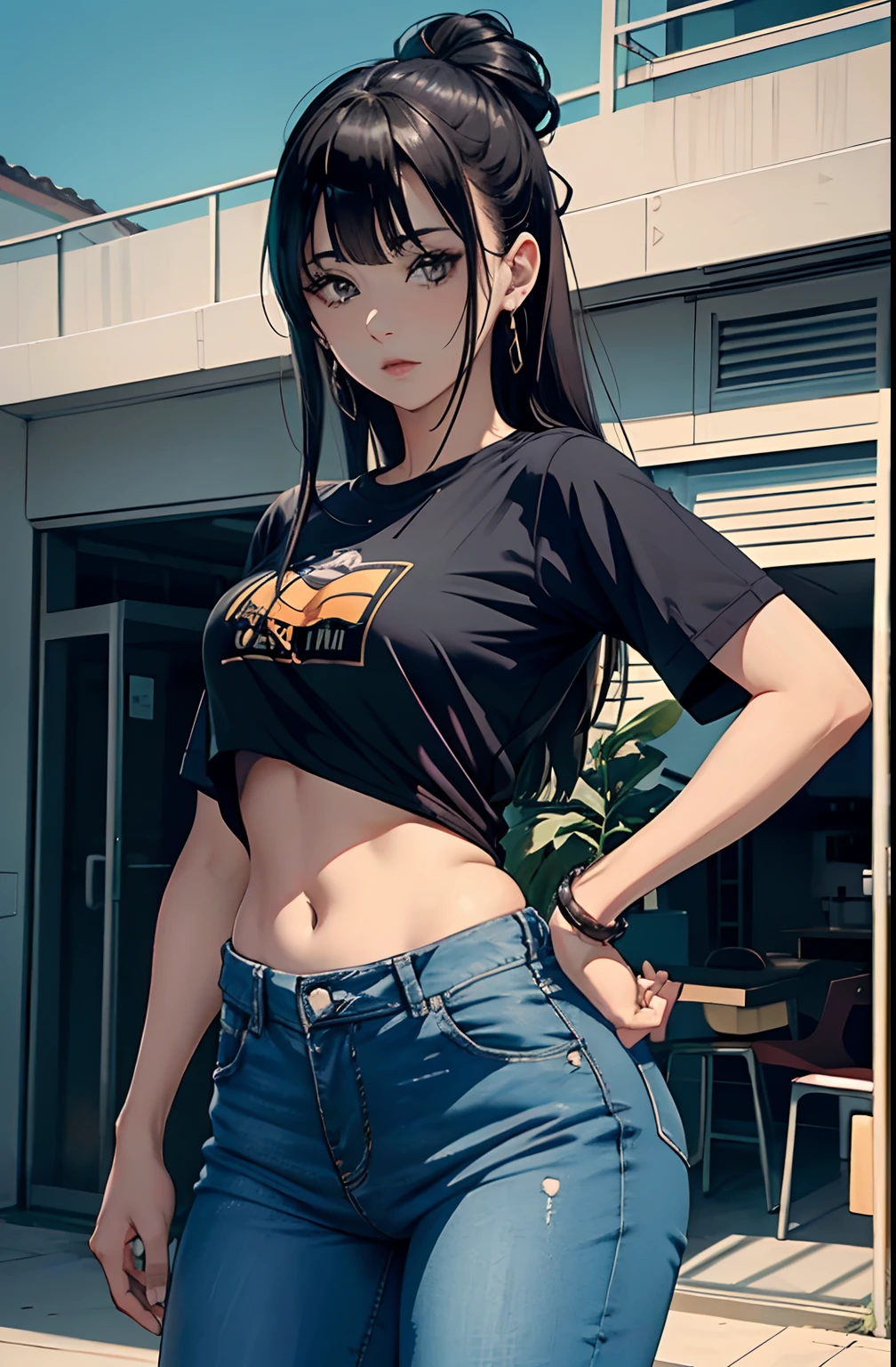 (Hinata Hyuga, muito sensual, com roupas apertadas, bunda grande, pernas grossas, Wearing extremely tight jeans, usando uma mini blusa, umbigo com pirsing, cabelo grande, Speaker behind, muito realista, extremamente sexy, 8k, 8k extremamente detalhado), (um extremamente delicado e bonito), (obra-prima), (melhor qualidade: 1.0), (ultra highres:1.0)