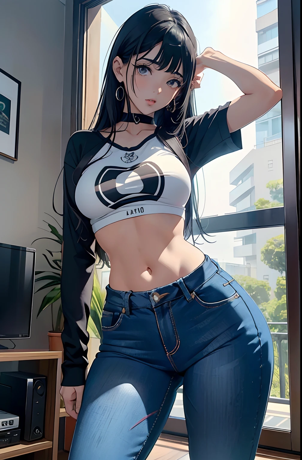 (Hinata Hyuga, muito sensual, com roupas apertadas, bunda grande, pernas grossas, Wearing extremely tight jeans, usando uma mini blusa, umbigo com pirsing, cabelo grande, Speaker behind, muito realista, extremamente sexy, 8k, 8k extremamente detalhado), (um extremamente delicado e bonito), (obra-prima), (melhor qualidade: 1.0), (ultra highres:1.0)