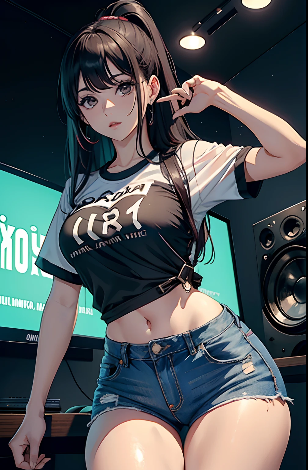 (Hinata Hyuga, muito sensual, com roupas apertadas, bunda grande, pernas grossas, Wearing extremely tight jeans, usando uma mini blusa, umbigo com pirsing, cabelo grande, Speaker behind, muito realista, extremamente sexy, 8k, 8k extremamente detalhado), (um extremamente delicado e bonito), (obra-prima), (melhor qualidade: 1.0), (ultra highres:1.0)