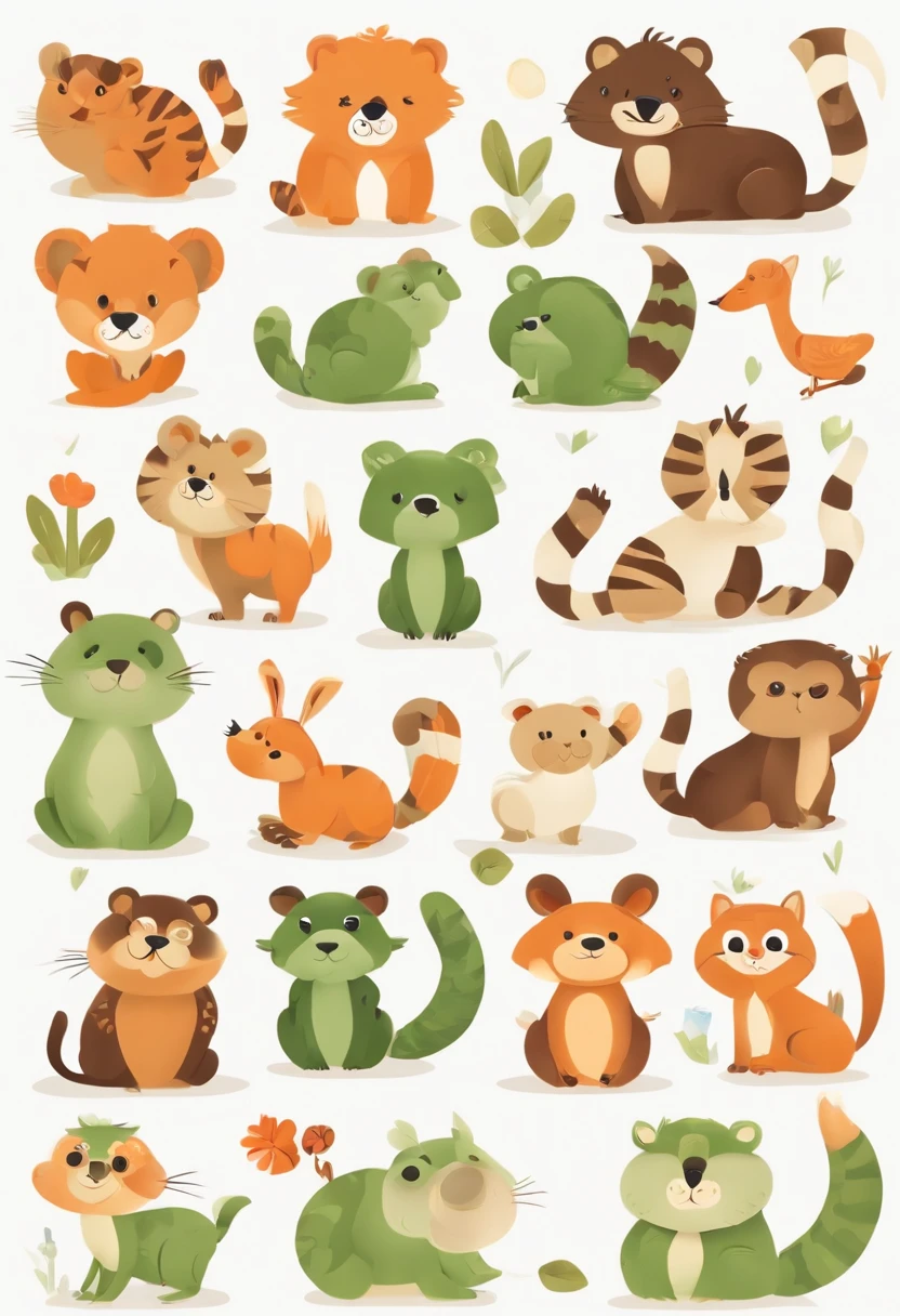 （Cartoon critters），adolable，（Sticker screen），Distributed typesetting，（Sticker style），Flat style，Rich in color，（Small animals）（With white edges），cute illustration，flatillustration，paper cut out，Dark green background，multi-detail，k hd