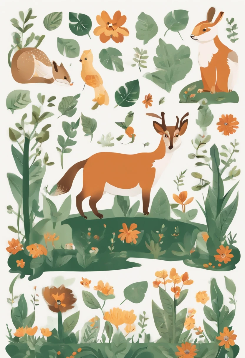 (Cartoon critters),adolable,(Sticker screen),Distributed typesetting,(Sticker style),Flat style,Rich in color,(Small animals)(With white edges),cute illustration,flatillustration,paper cut out,Dark green background,multi-detail,k hd