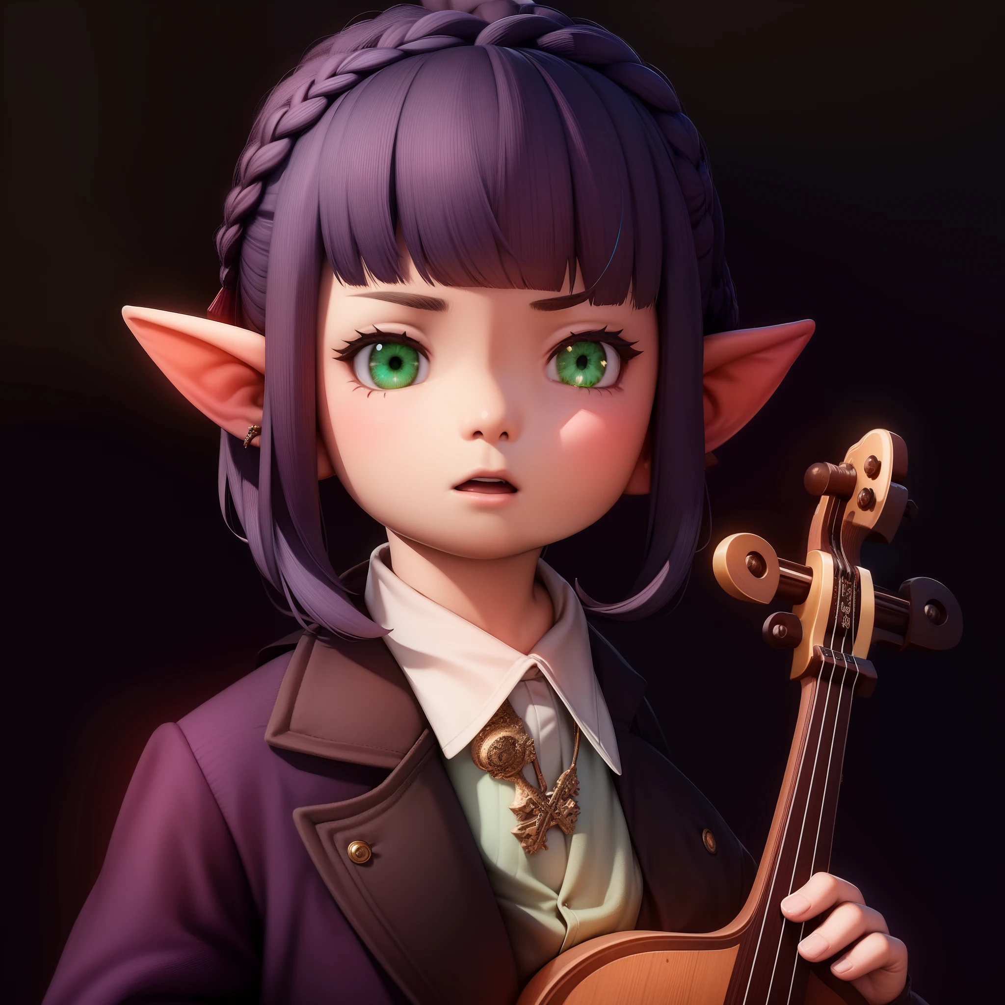 Masterpiece, Mogi-style, complex lighting, solo focus, female, Lalafell, childish, big vibrant green eyes, pointy ears, dark purple-ish bobbed hair, right side braid, open purplish blazer, shirt, jeans, full body, violin, dark background, vibrant hues, cinematic.