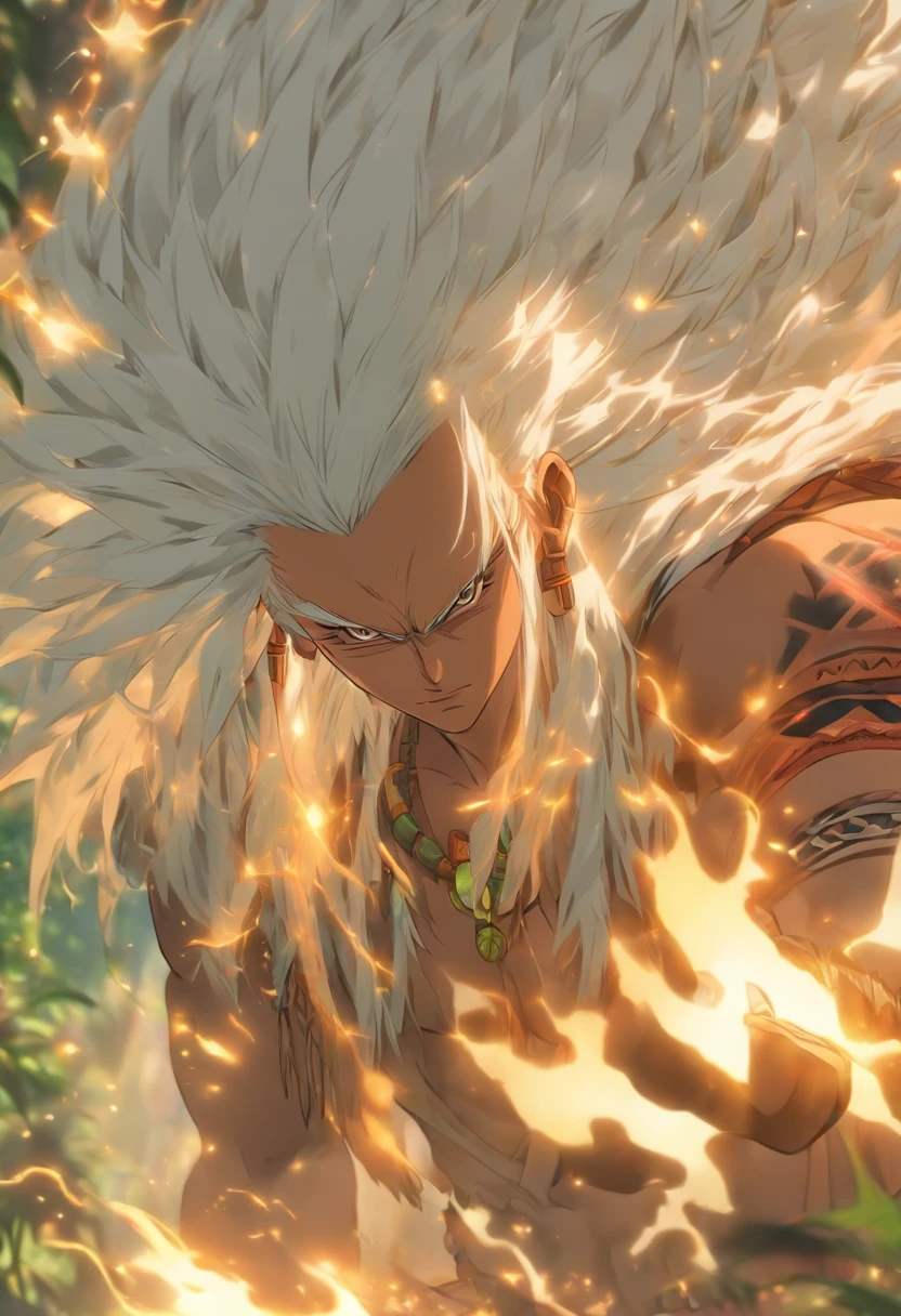 (((white hair))) best quality, very high resolution, detailed CG in 4K, masterpiece, Anhanga, indigenous man, white hair, amazon brazil, rivers, indigenous people, indigenous tribes, indigenous city, forest, aesthetics, beautiful image , centered on screen, full body