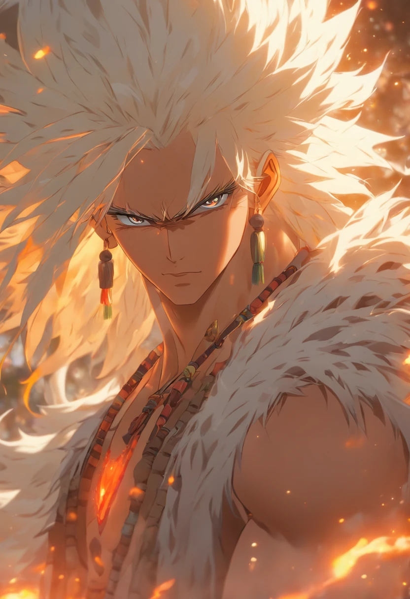 (((white hair))) best quality, very high resolution, detailed CG in 4K, masterpiece, Anhanga, indigenous man, white hair, amazon brazil, rivers, indigenous people, indigenous tribes, indigenous city, forest, aesthetics, beautiful image , centered on screen, full body