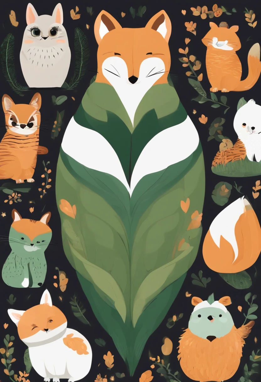 (Cartoon critters),adolable,(Sticker screen),Distributed typesetting,(Sticker style),Flat style,Rich in color,(Small animals)(With white edges),cute illustration,flatillustration,paper cut out,Dark green background,multi-detail,k hd