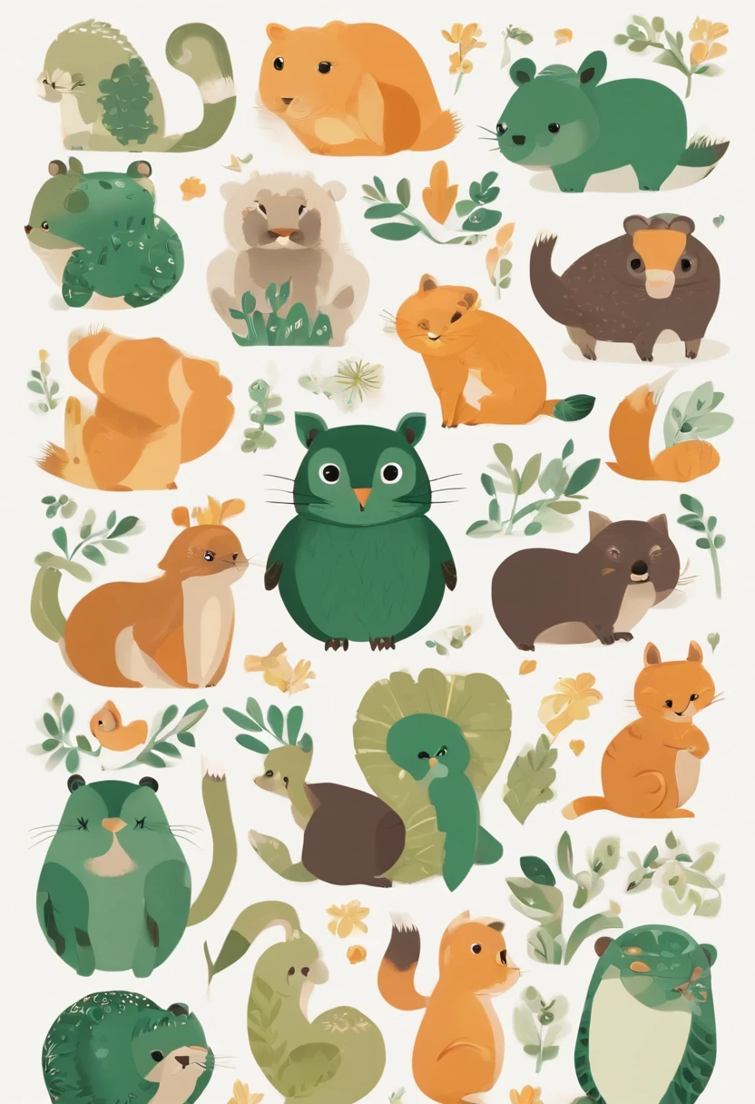 (Cartoon critters),adolable,(Sticker screen),Distributed typesetting,(Sticker style),Flat style,Rich in color,(Small animals)(With white edges),cute illustration,flatillustration,paper cut out,Dark green background,multi-detail,k hd