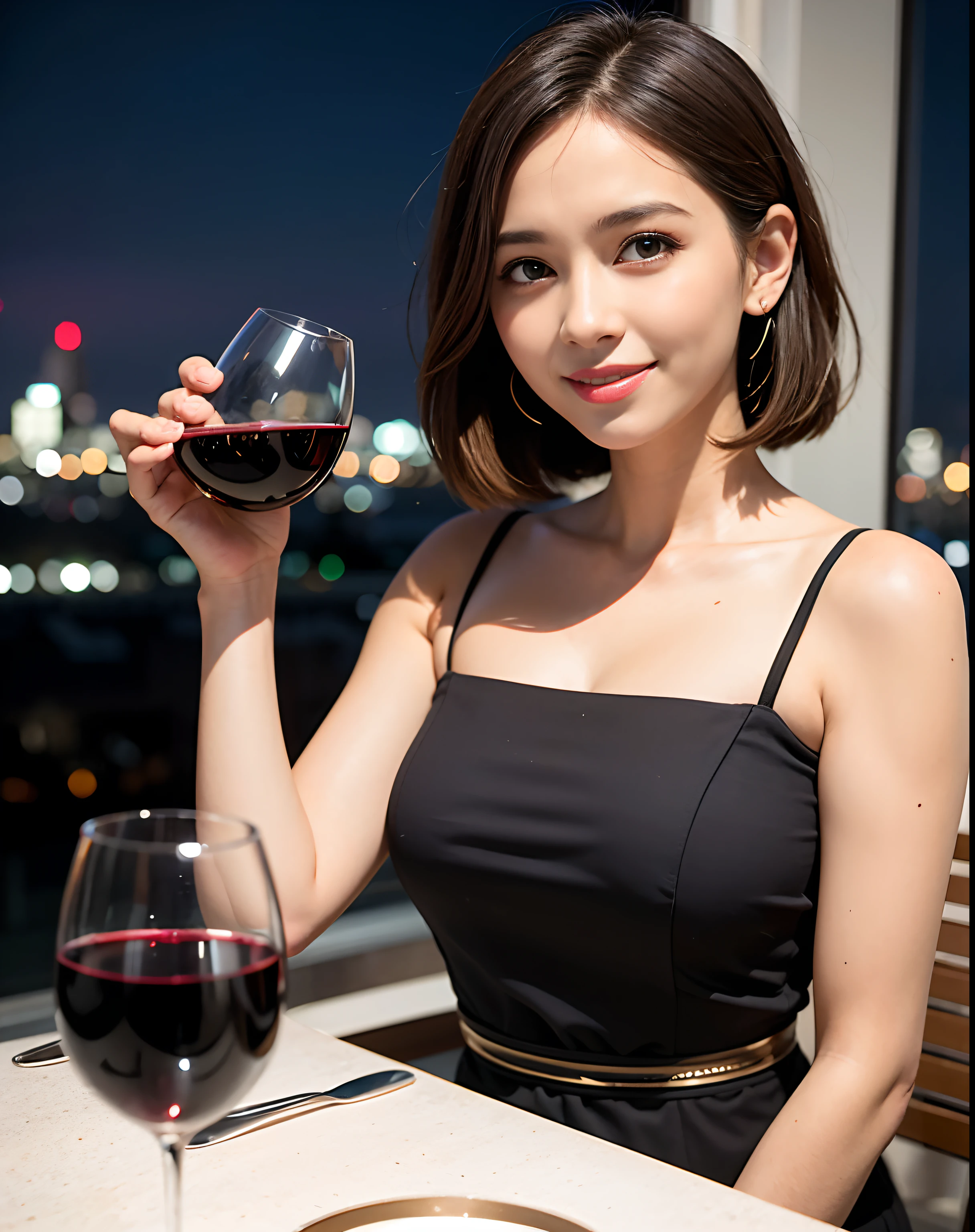 (64K, UHD, top quality, masterpiece: 1.2), (realistic, photorealistic: 1.37), super detailed, pretty woman 1 person, (slim face), (slim body), (brown hair), (short cut), cheeks slightly blushing, (44 years old), 38 years old, solo, beautiful detailed urban night view outside the window, restaurant, wine glasses sit, at night, in a prominent placeNovaFrogStyle, Actress, Model, Waist Up, White Wine, Slim, Wine Glass, Super Clean Night View, Wine Glass Put in the Middle, Happy Smile, (Smile: 1.15), Beautiful Fine Eyes, Upper Body, Bust Japan Up, Night, Short, Short, Actress, Model, Waist Up, White Wine, Slim, Wine Glass, Super Clean Night View, Wine Glass Put in the Middle, Happy Smile,