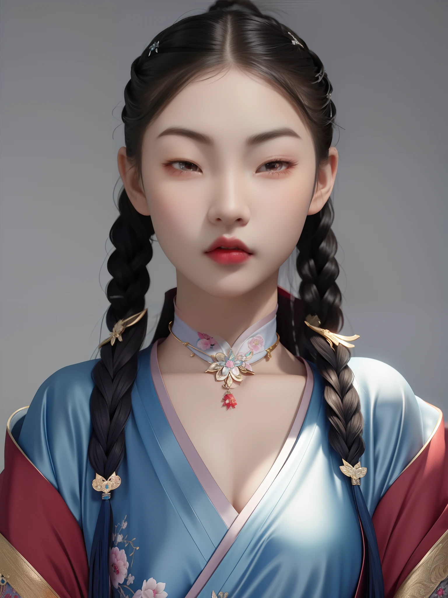 Need,tmasterpiece,A high resolution,1girll,Blushlush,(Seductive smile:0.8),starpupil,Chinese Hanfu,Twist braids,choker necklace,jewelry,beautfully face,little breast,On_Body,Dingdall effect,realisticlying,Shadow room,light edge,Two-tone lighting,(highdetailskin:1.2),8K Ultra HD,Slr,softlighting,high high quality,Volumetriclighting,sneak shot,photore,A high resolution,4K,8K,Background bokeh