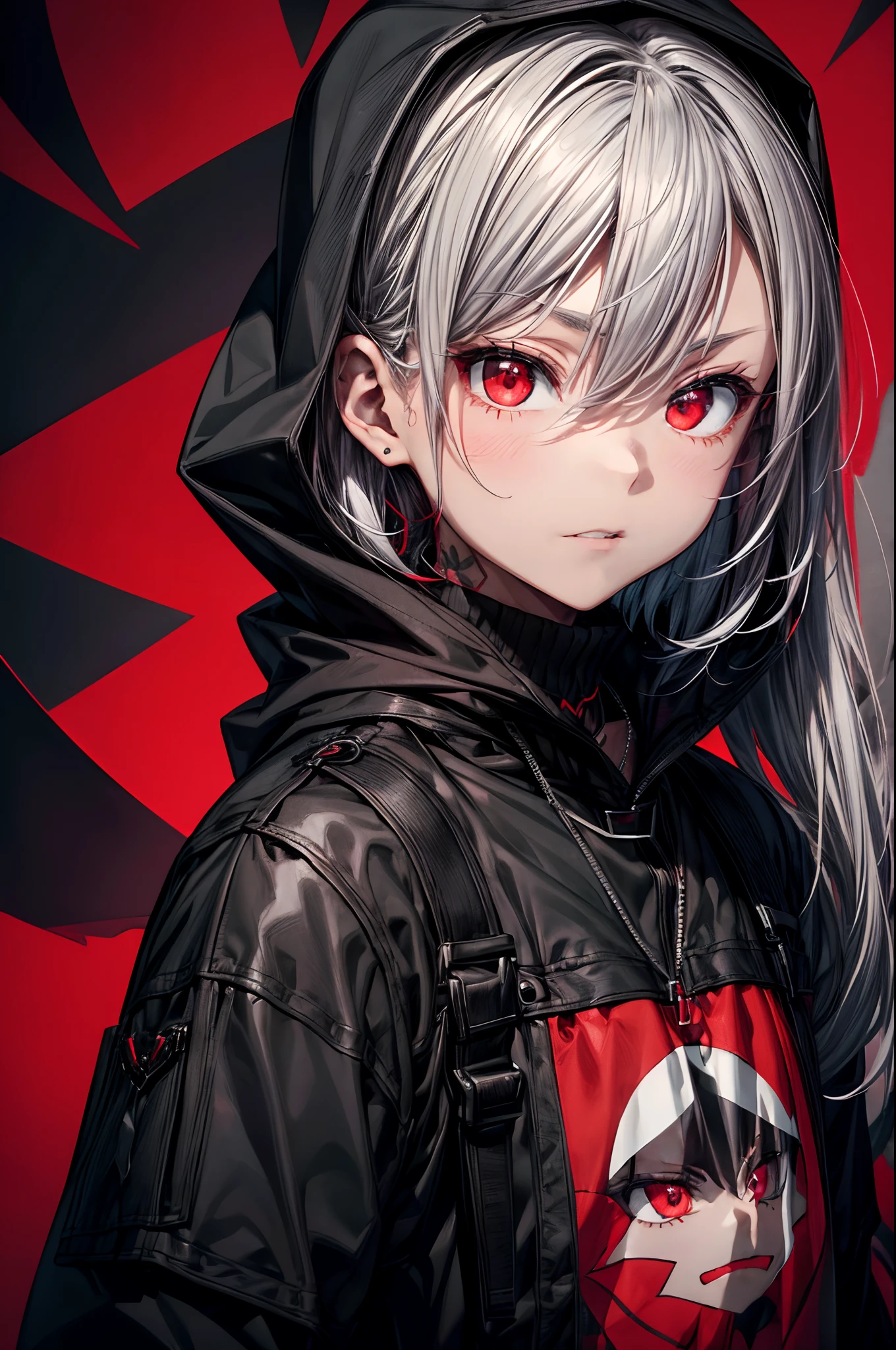 Young man with gray hair and red eyes wearing a black hood and jacket. The background is red with black lines and shapes. The young man has fingers to his lips and a tattoo on his hand. He wears a red pendant necklace and a red and black bracelet on his wrist. His jacket has red and black straps and buckles. The overall mood is dark and mysterious.