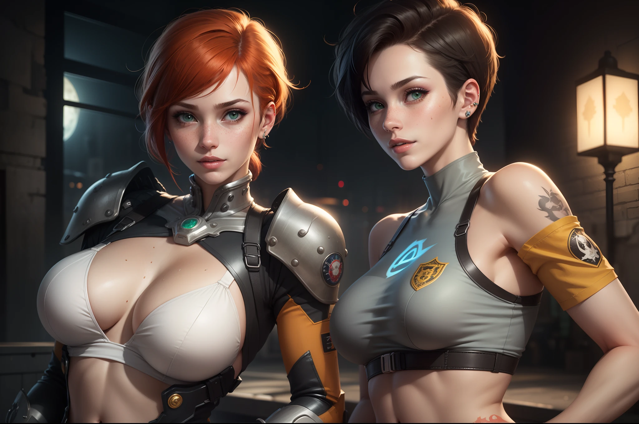 gwen tennyson,tracer,jill valentine, rebecca chambers,overwatch,resident evil,close up,mecha pilot,body paint, haunted mansion,tattoos,blue and gray plugsuit,white short sleeve silk top,steel cargo pants,uncovered belly, short hair,cute makeup,green eyes, red and gold hair,shy smile,freckles, redhead,beautiful girl,large breasts, ultra detailed,realistic,fantasy art, military uniform,steel armor,monster lab,moonlight,police uniform,pilot jacket,ear piercings,hair pin,wet body, portrait close up,solo girl,single person,