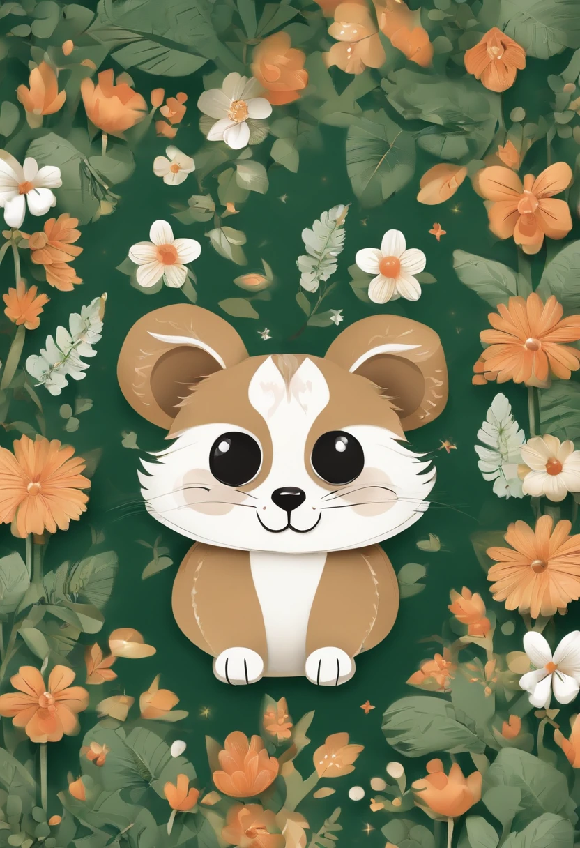 (Cartoon critters),adolable,(Sticker screen),Distributed typesetting,(Sticker style),Flat style,Rich in color,(Small animals)(With white edges),cute illustration,flatillustration,paper cut out,Dark green background,multi-detail,k hd