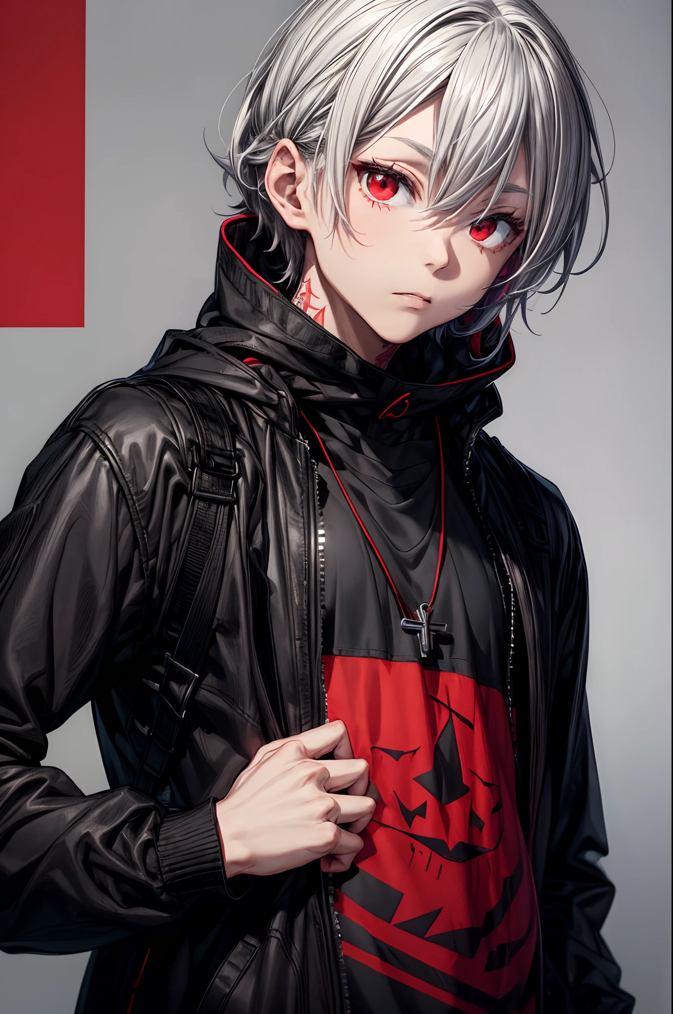 Young man with gray hair and red eyes wearing a black hood and jacket. The background is red with black lines and shapes. The young man has fingers to his lips and a tattoo on his hand. He wears a red pendant necklace and a red and black bracelet on his wrist. His jacket has red and black straps and buckles. The overall mood is dark and mysterious.