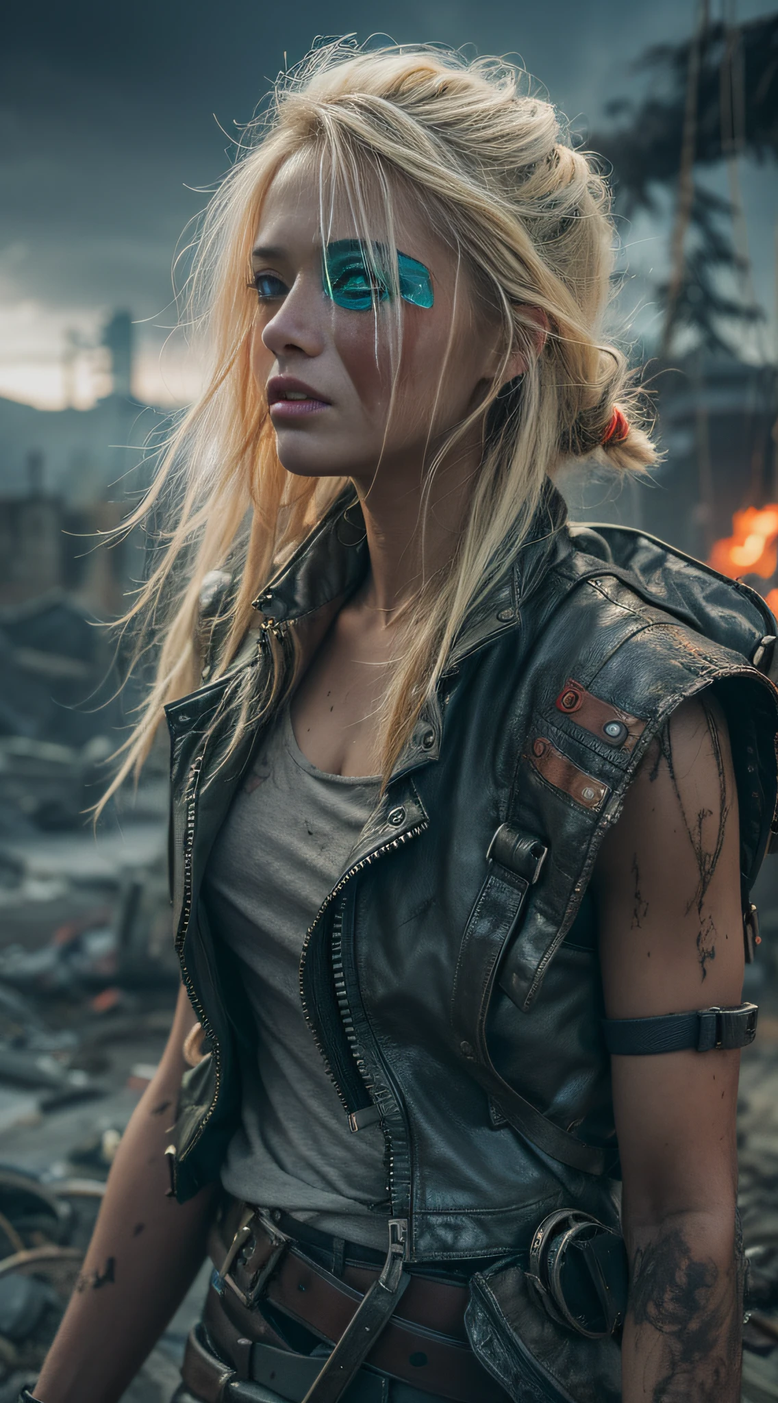 volcano eruption post apocalyptic scene with a long - haired blonde cyber girl futuristic mad max bladerunner stormy weather