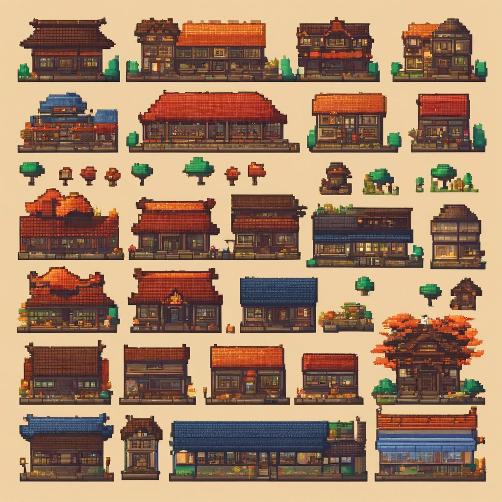 Town building game pixel picture game material Japan House