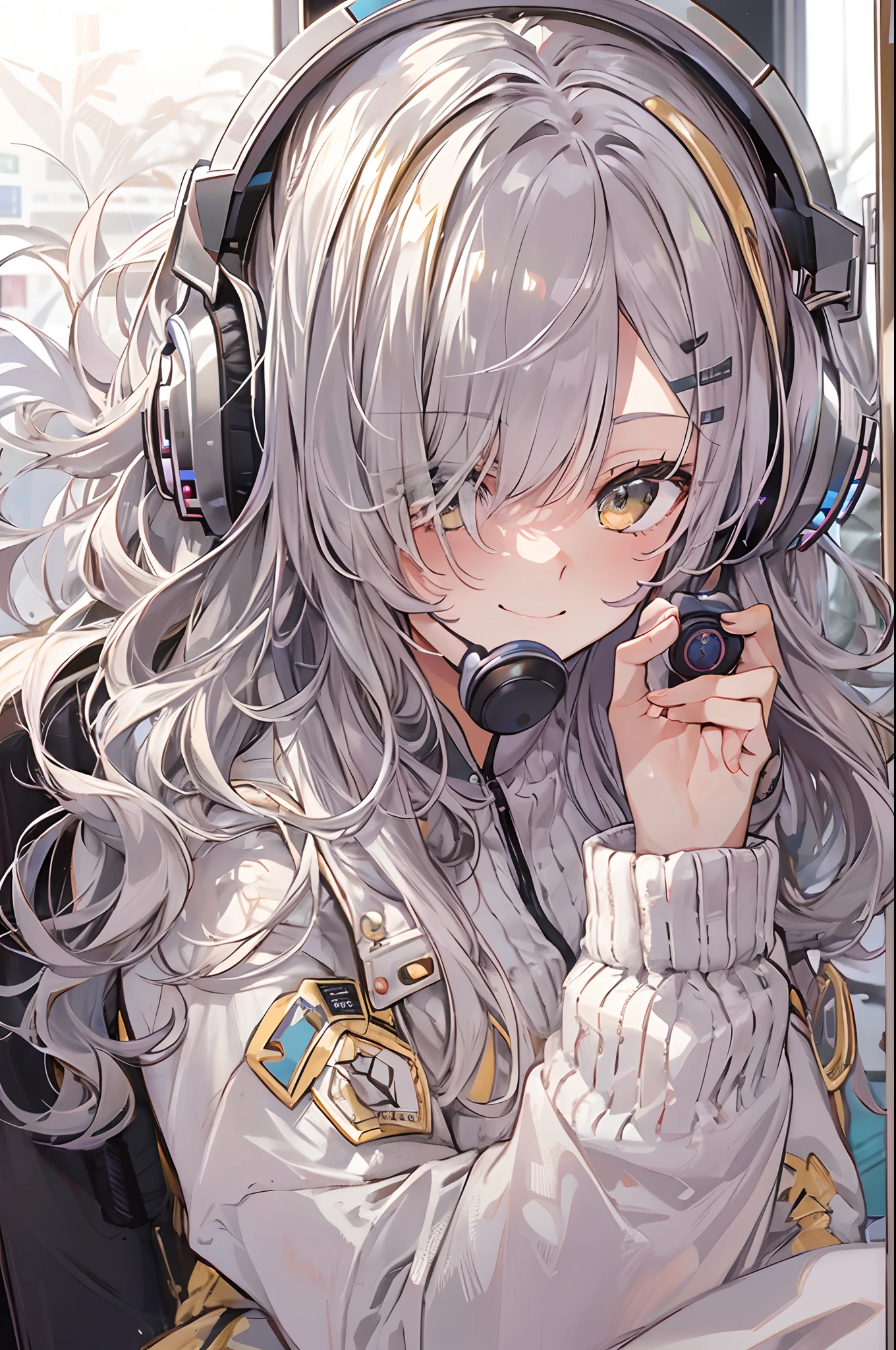 Woman using computer with big screen、silber hair、Semi-long hair、A smile,Wearing cool headphones,{{{{{{{{ Black Parker Oversize }}}}}}}},beautiful and delicate golden eyes,