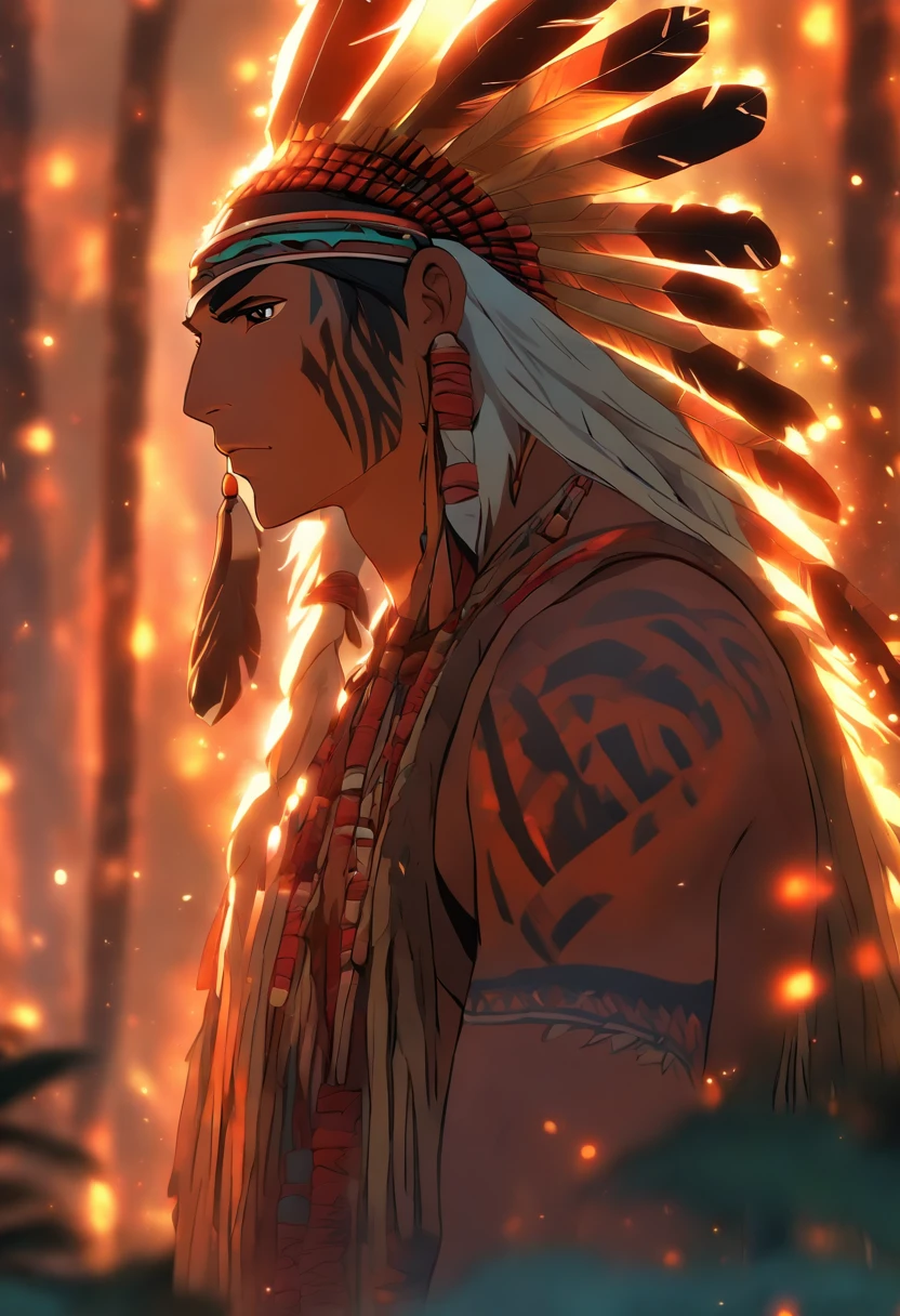 (((indigenous man))) best quality, very high resolution, detailed CG in 4K, masterpiece, Anhanga, white hair, amazon brazil, rivers, indigenous people, indigenous tribes, indigenous city, forest, aesthetics, beautiful image, centered on screen, full body