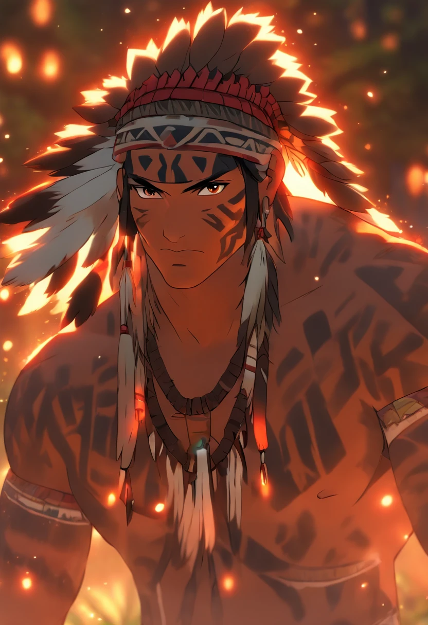 (((indigenous man))) best quality, very high resolution, detailed CG in 4K, masterpiece, Anhanga, white hair, amazon brazil, rivers, indigenous people, indigenous tribes, indigenous city, forest, aesthetics, beautiful image, centered on screen, full body